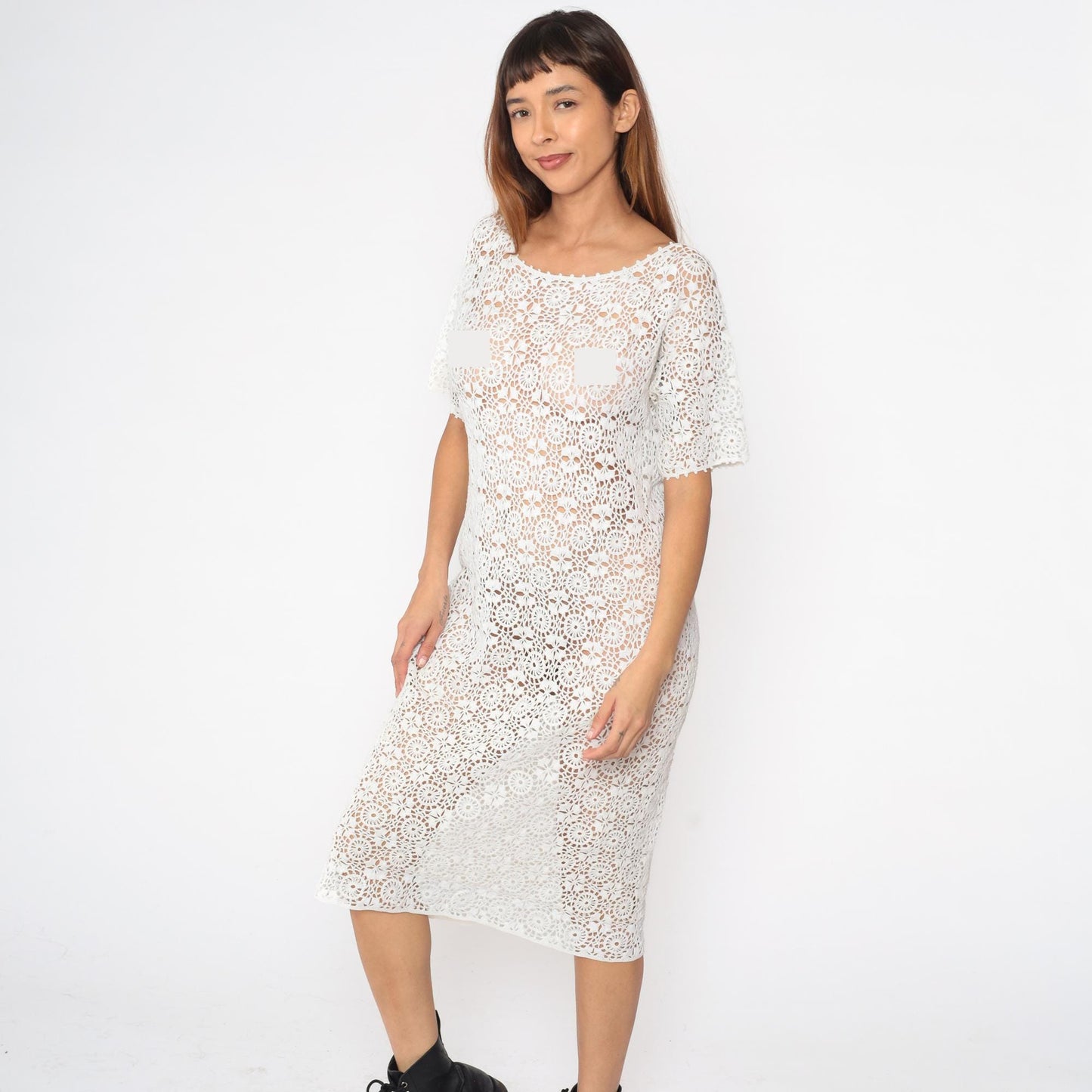 80s White Crochet Midi Dress Open Weave Cutwork Short Sleeve Large