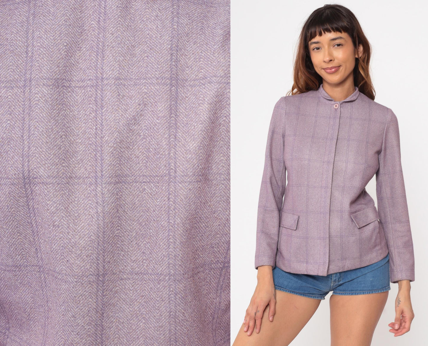 80s Wilroy Traveler Lilac Herringbone Blazer Mandarin Collar Wool Blend XS