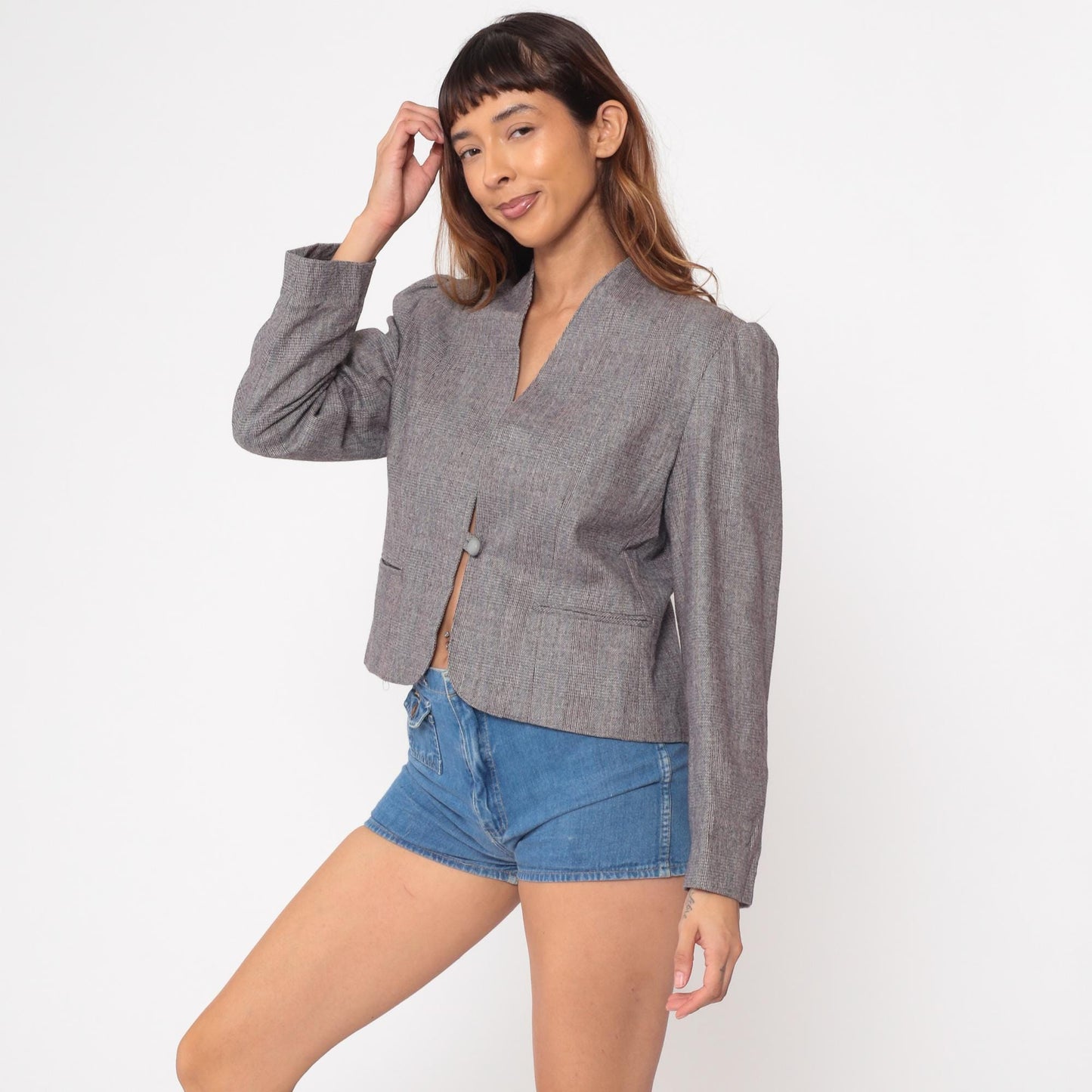 80s Gilmor Grey Plaid Collarless Wool Blazer Cropped Fitted Medium M