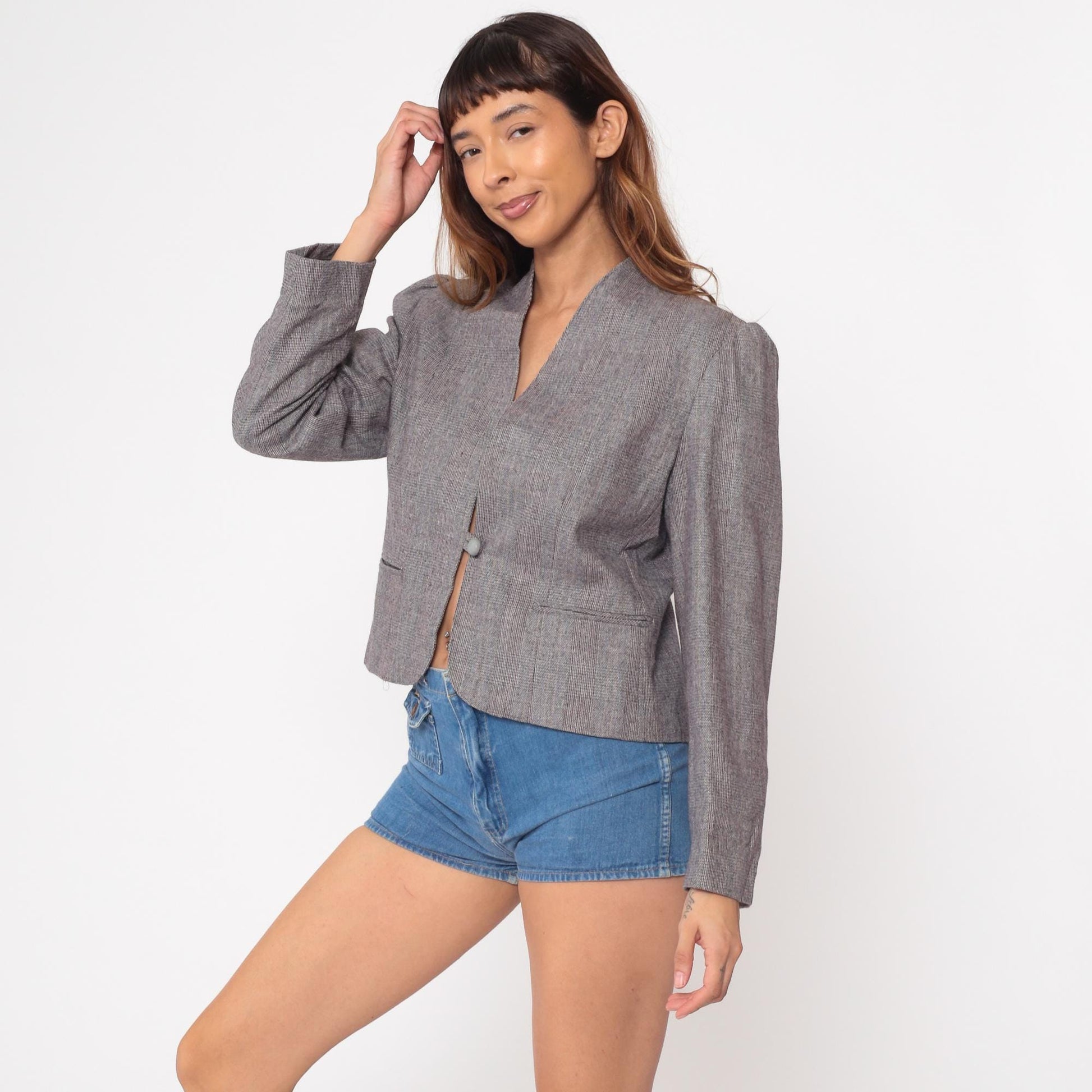 80s Gilmor Grey Plaid Collarless Wool Blazer Cropped Fitted Medium M