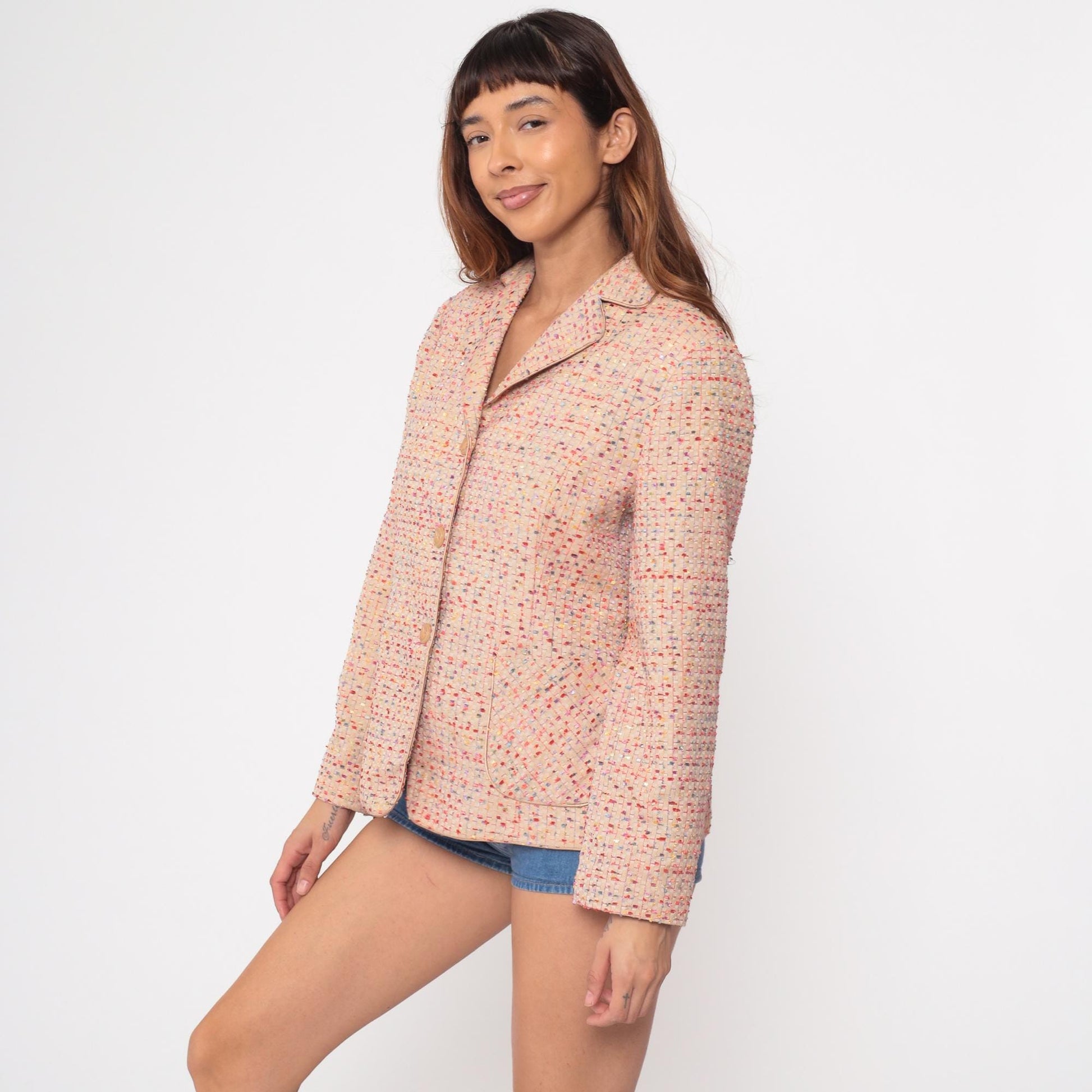 Y2K Leweixin Peach Confetti Blazer Notched Multicolor Textured XXL