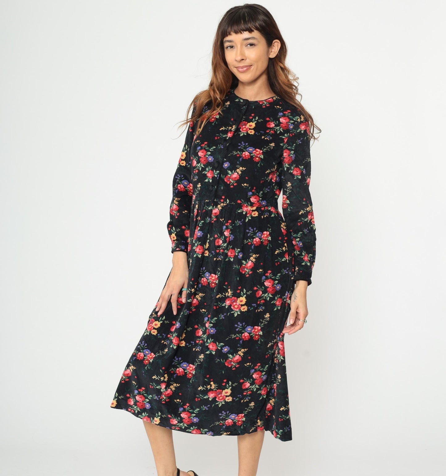 90s Talbots Floral Corduroy Midi Dress Black Button Front Long Sleeve Medium