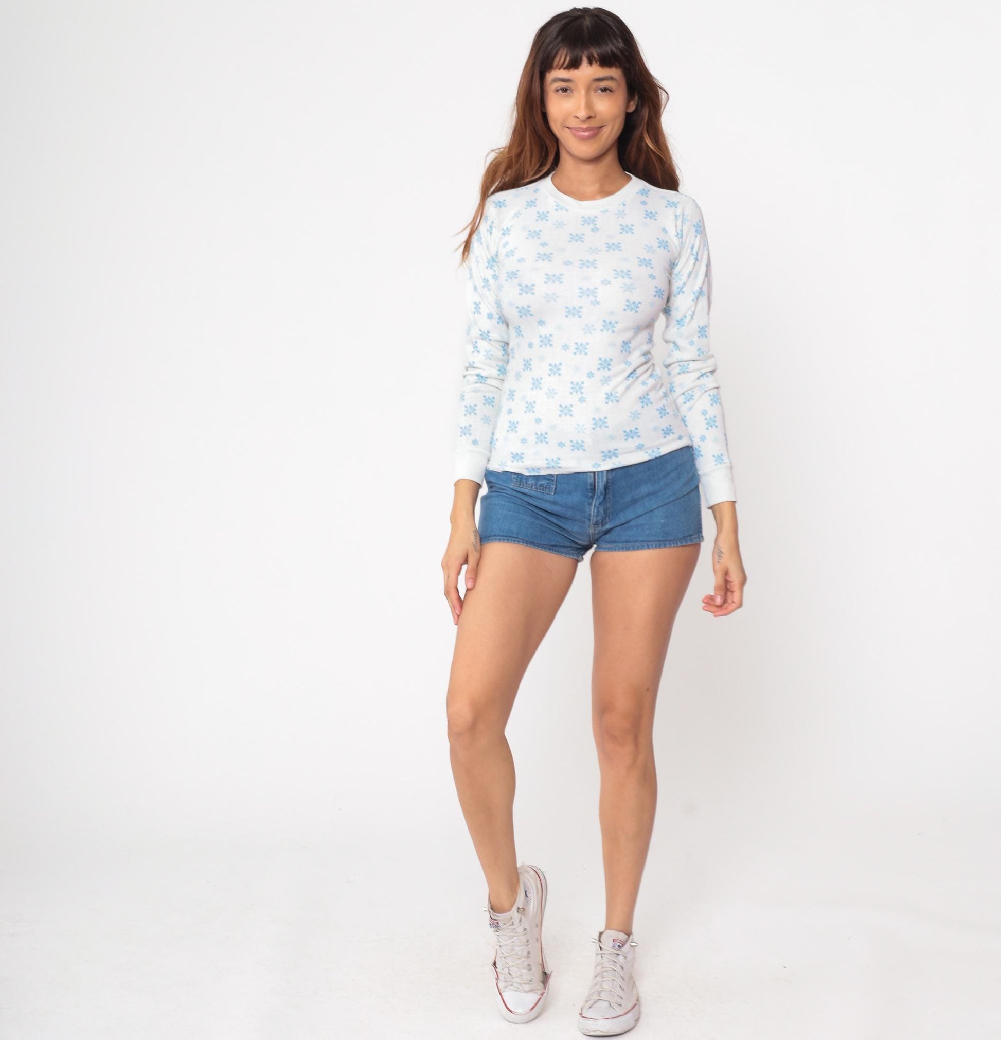 80s Winterskins Snowflake Thermal Long Sleeve Shirt White Blue Small