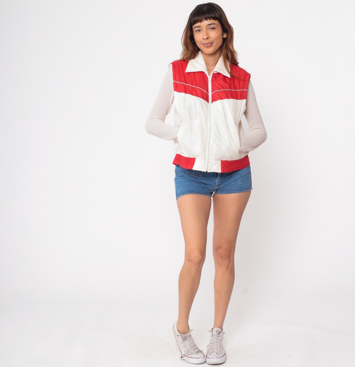 80s Red White Puffer Vest Western Yoke Sleeveless Zip Jacket Medium