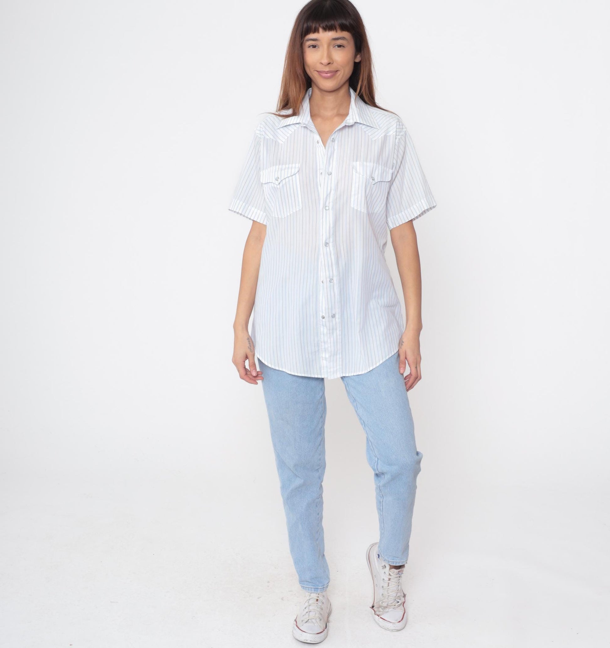 80s Panhandle Slim Western Shirt Blue Pinstripe Short Sleeve Large