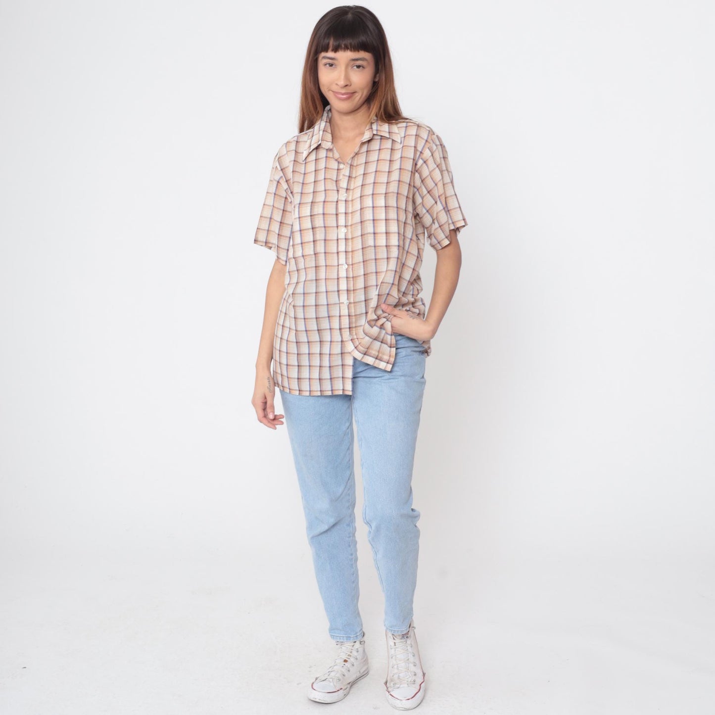 80s Van Heusen Plaid Button-Up Shirt Beige Brown Blue Check Medium