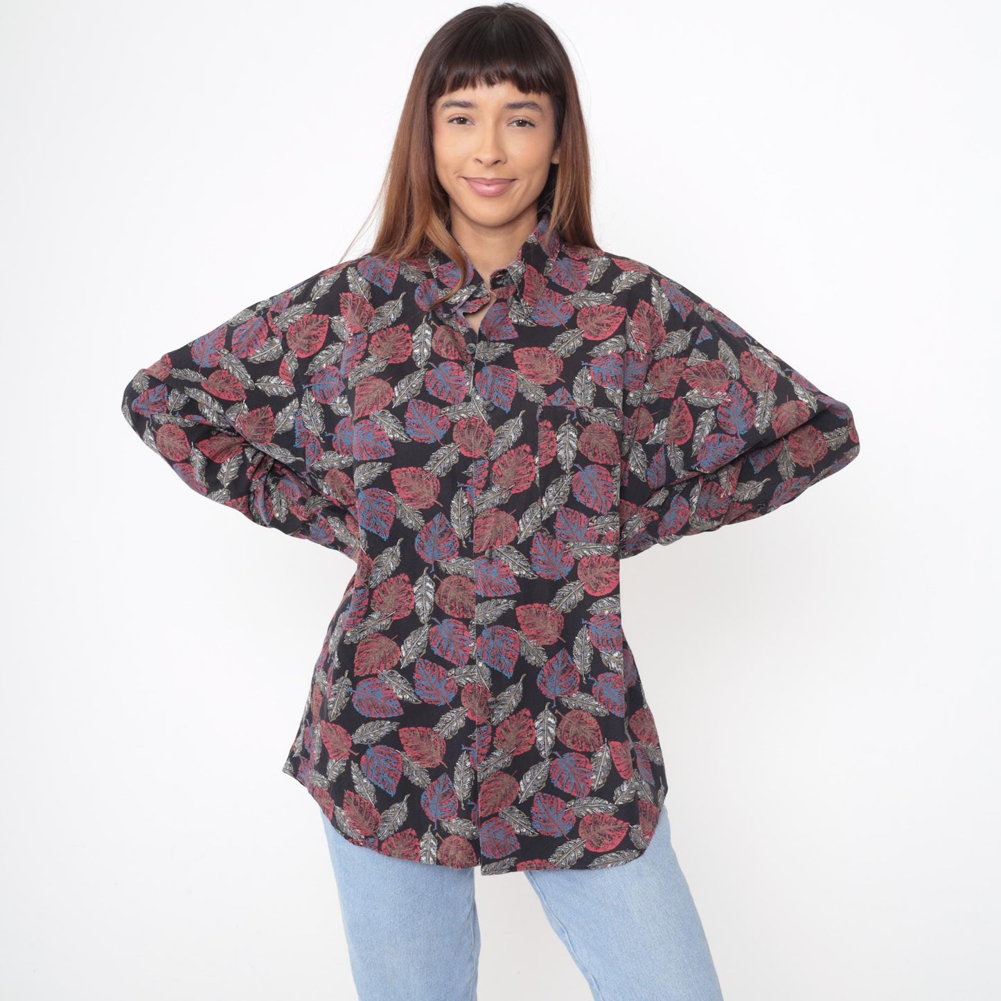90s Henry Grethel Black Leaf Print Button-Up Shirt Cotton Extra Large