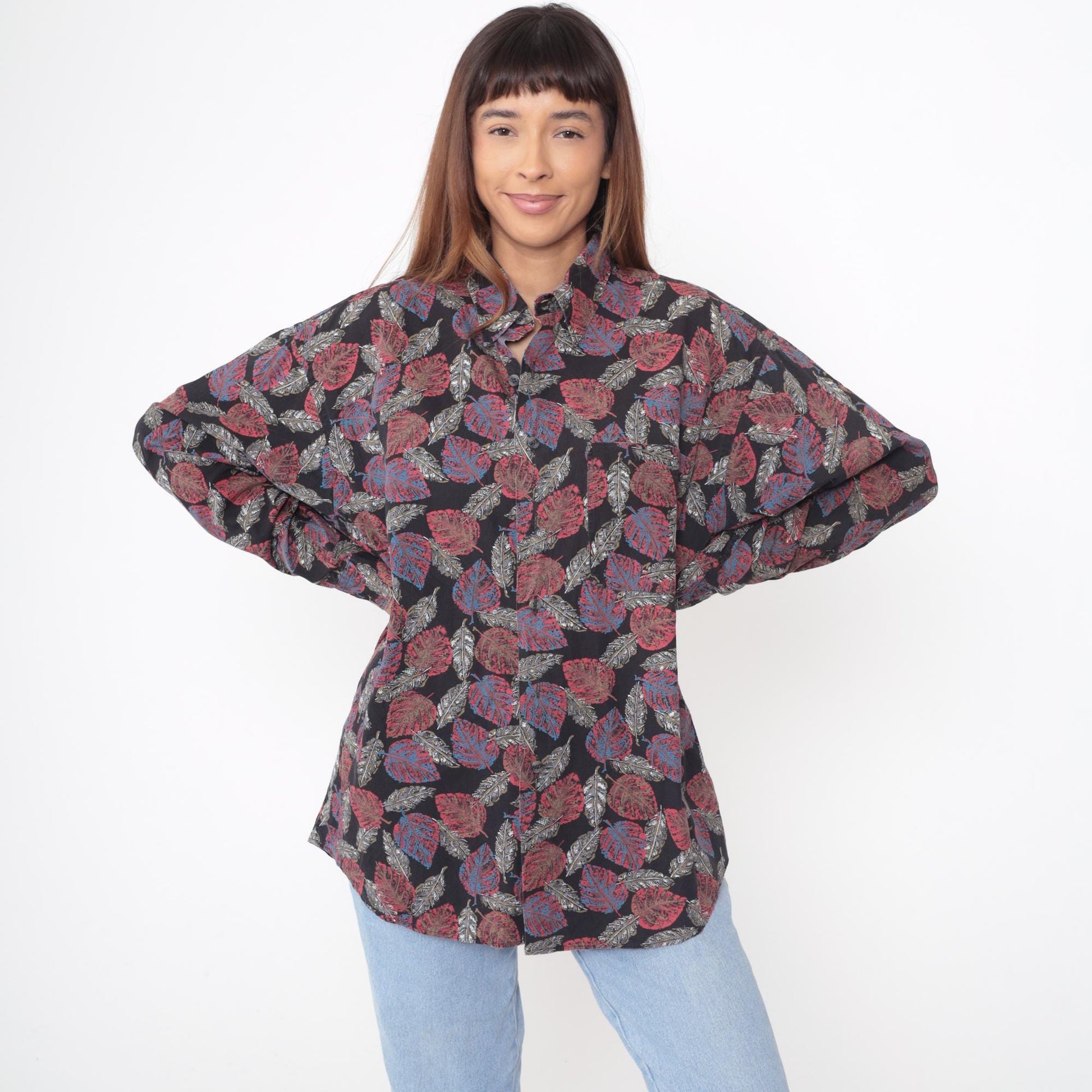 90s Henry Grethel Black Leaf Print Button-Up Shirt Cotton Extra Large