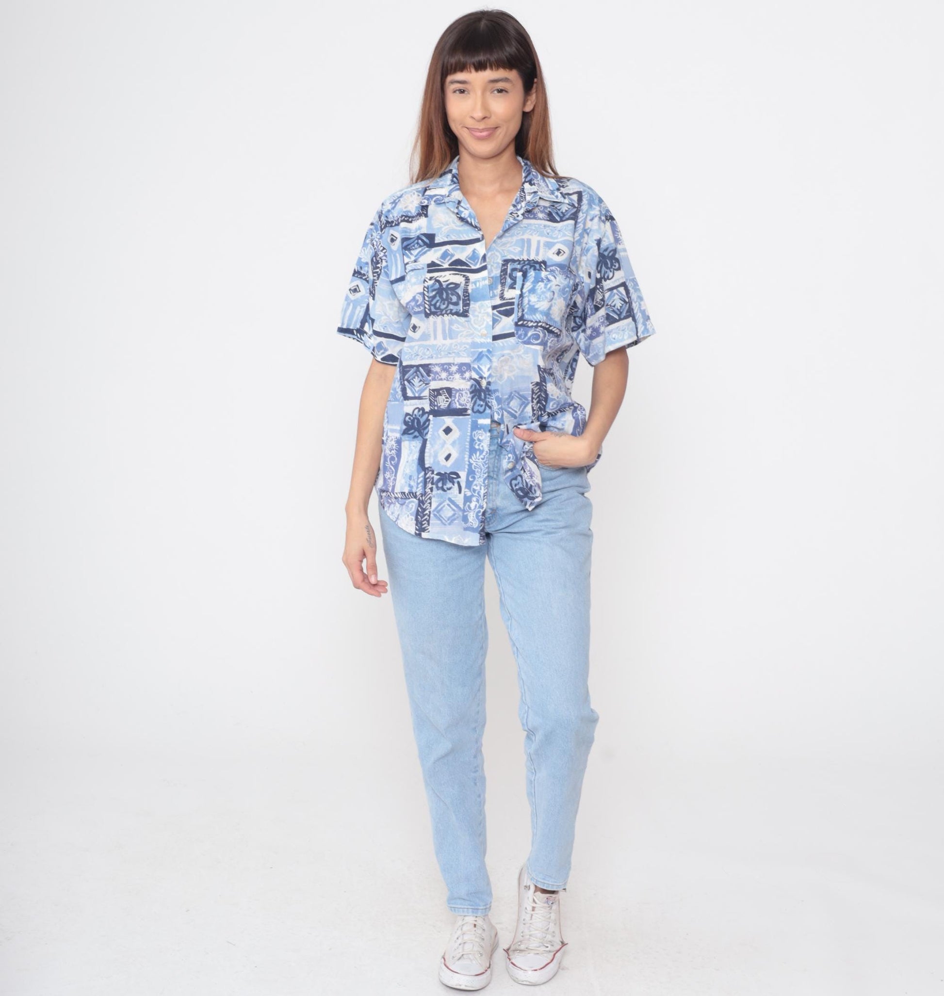 90s Casey & Max Blue Patchwork Shirt Geometric Floral Abstract Print Medium