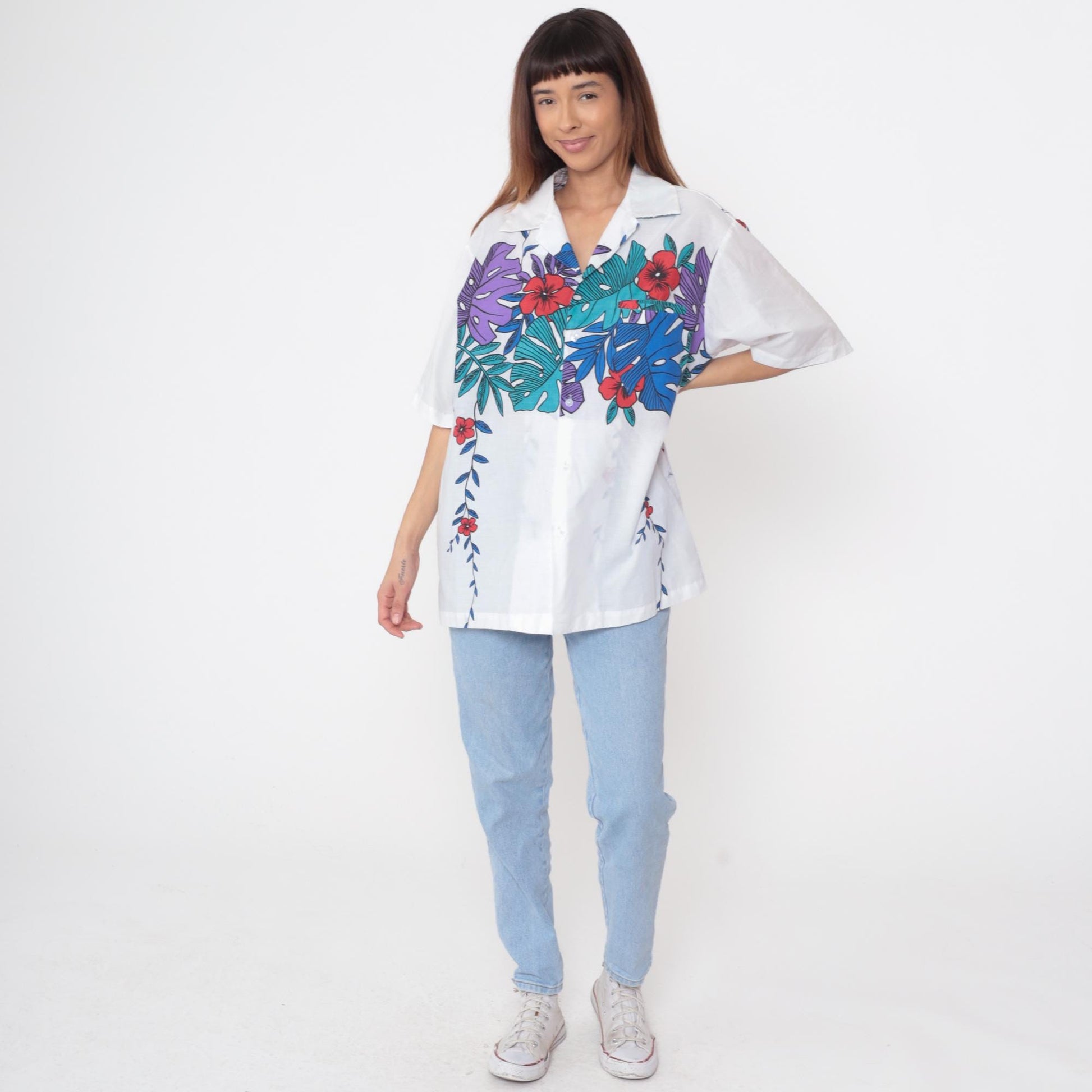 90s Hilo Hattie's Tropical Floral Shirt White Hawaiian Button Up Extra Large XL