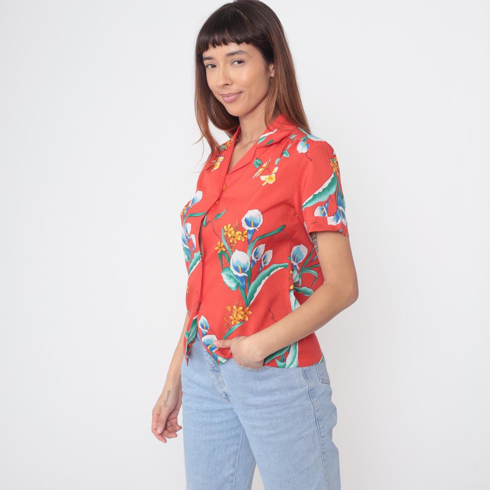 80s Hawaiian Shirt Red Floral Calla Lily Print Button Up Short Sleeve Medium