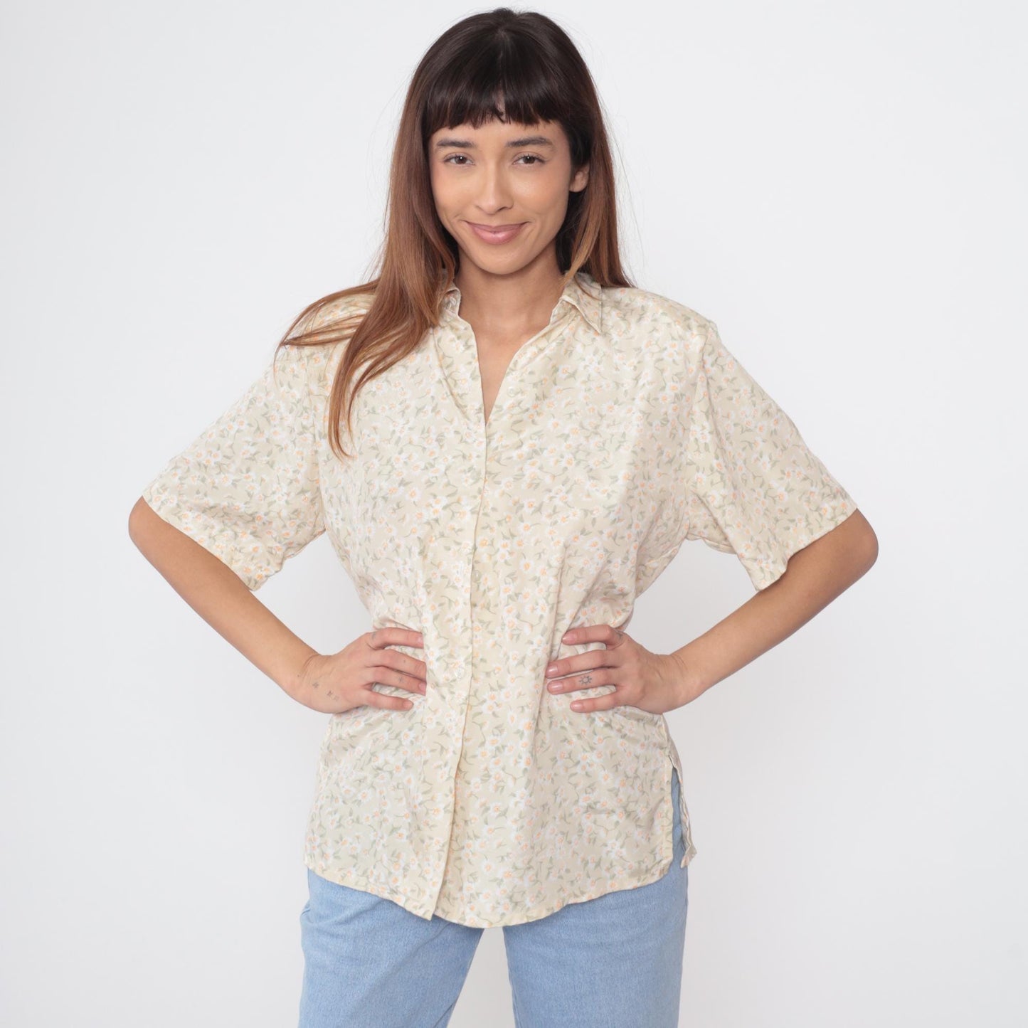 90s Daisy Floral Button-Up Shirt Beige Short Sleeve Pointed Collar Large L