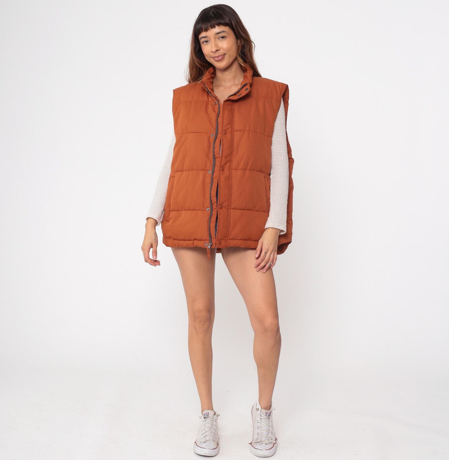 Y2K St Johns Bay Burnt Orange Puffer Vest Quilted Zip Snap Collar Extra Large XL