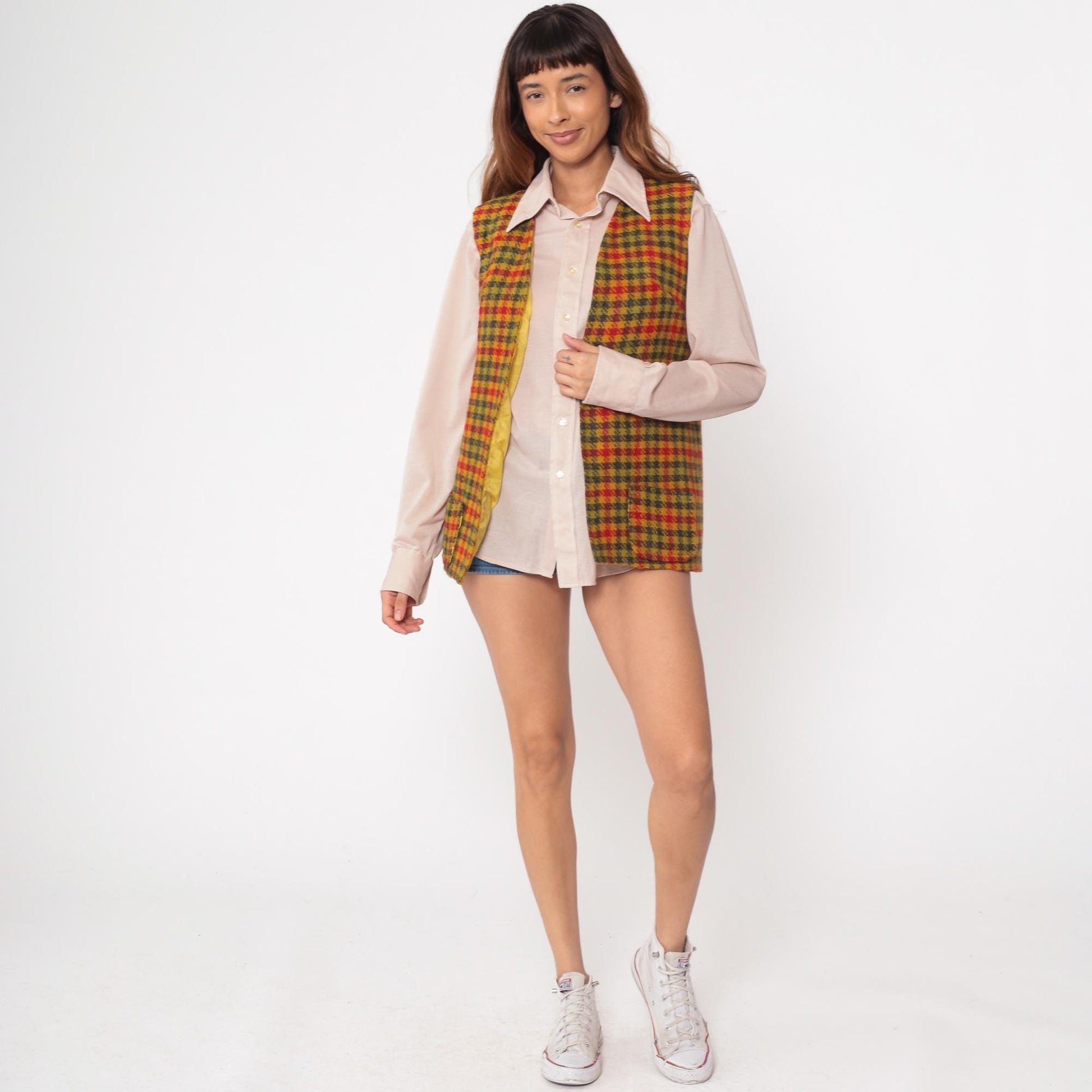 70s Plaid Wool Vest Mustard Red Green Tartan Check Small S