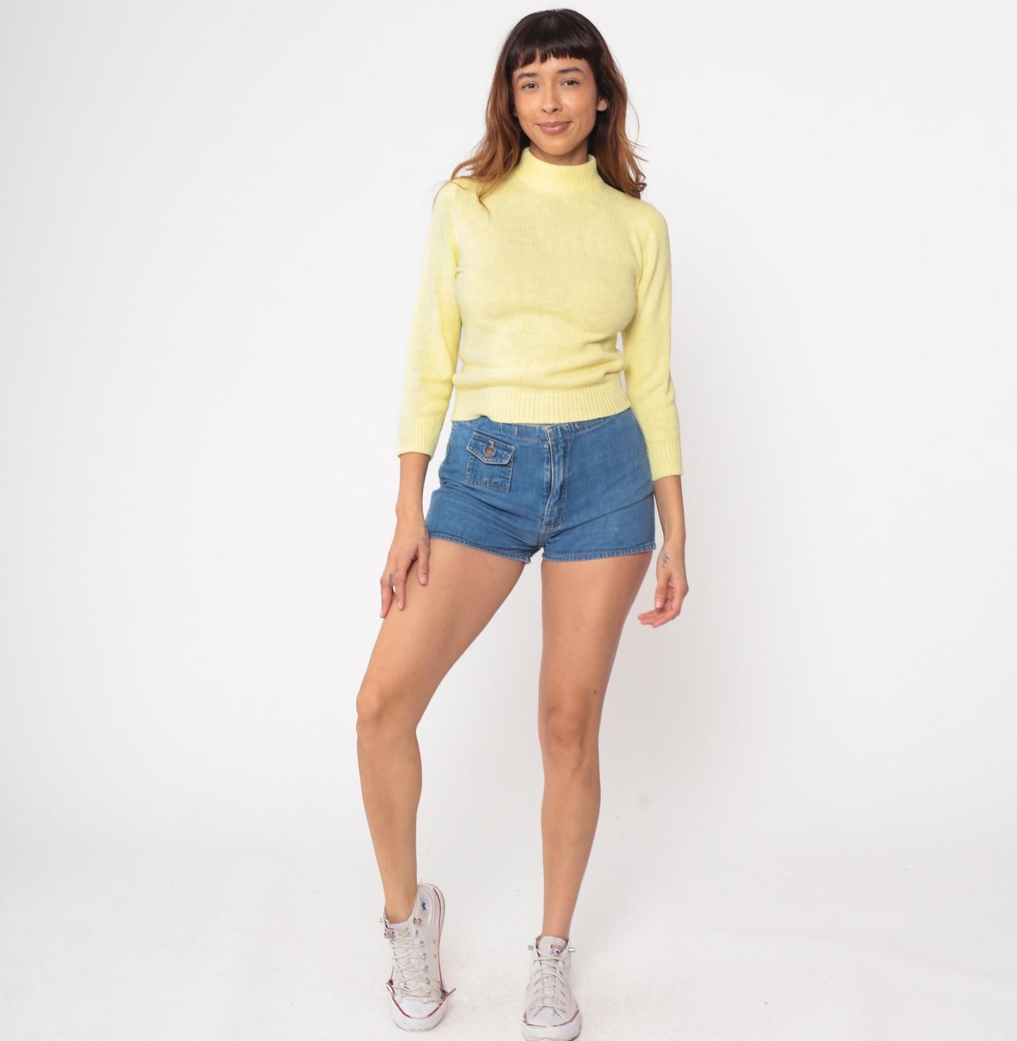 70s Yellow Knit Sweater Mock Neck Raglan Pullover Extra Small XS