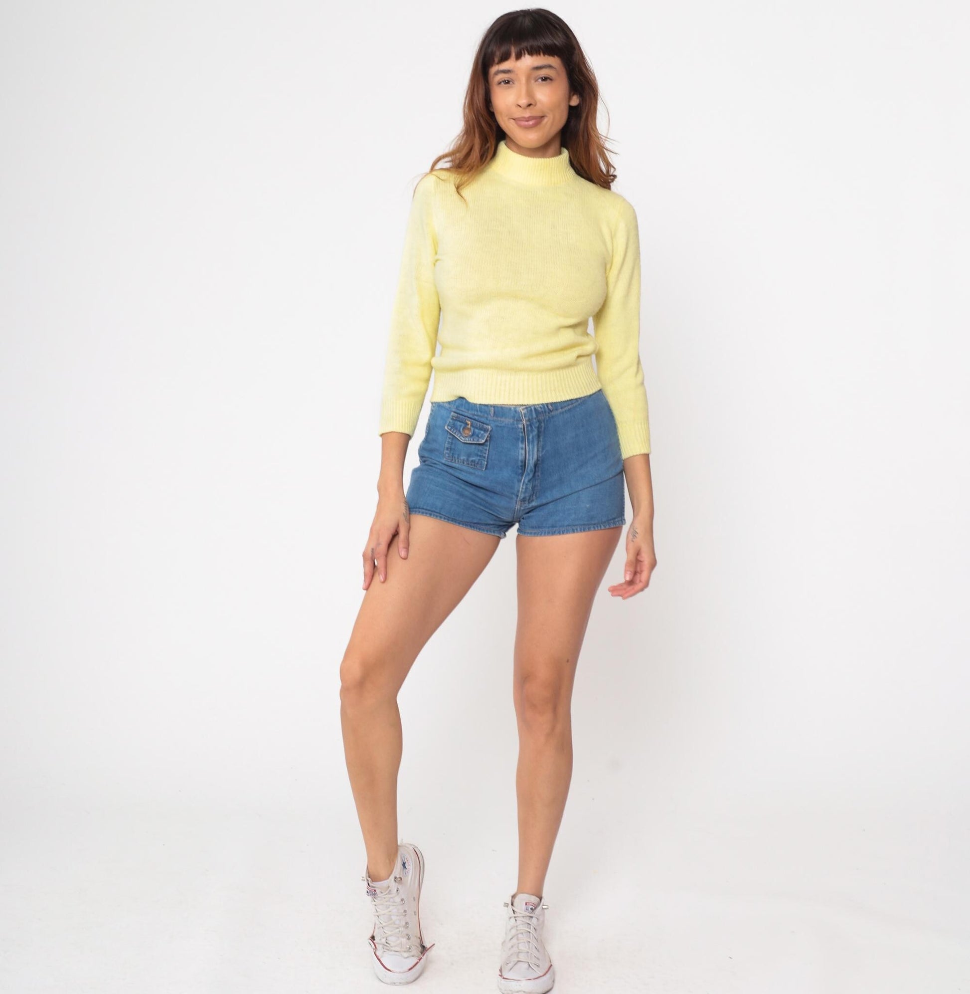 70s Yellow Knit Sweater Mock Neck Raglan Pullover Extra Small XS
