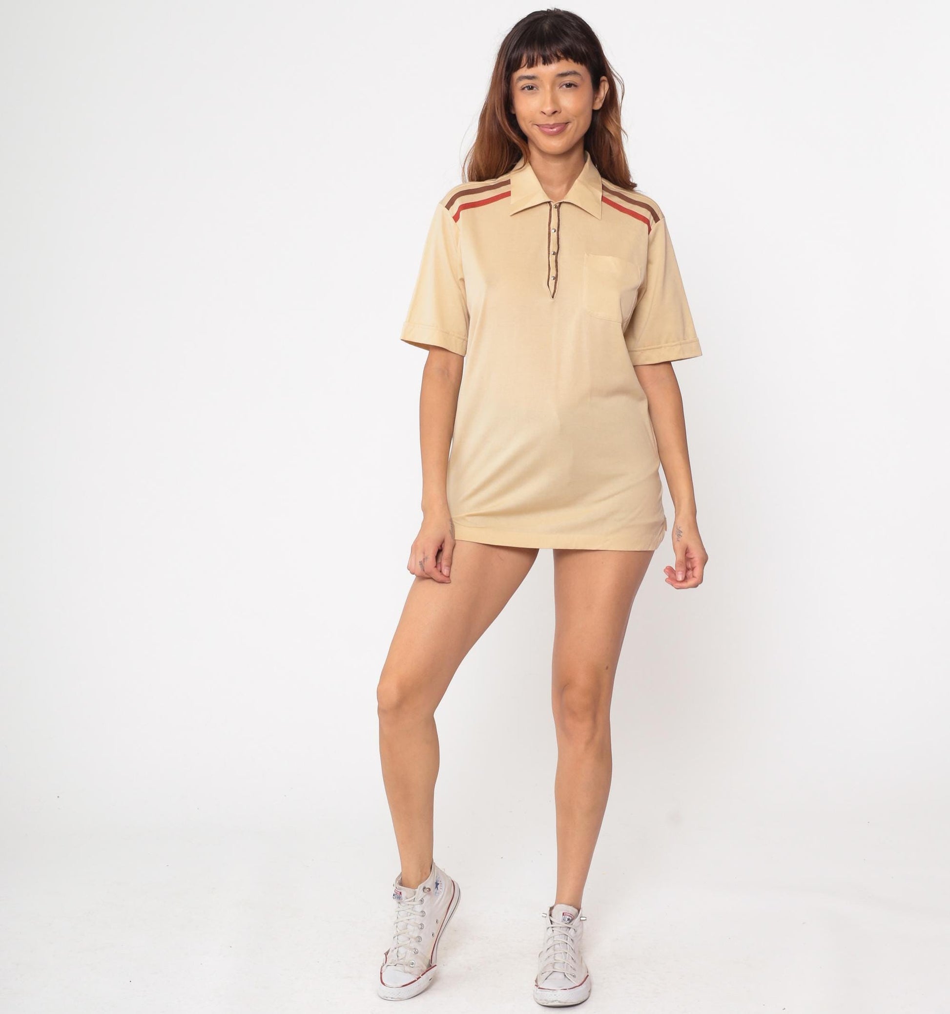 80s Davila Polo Shirt Beige Red Brown Striped Shoulder Medium