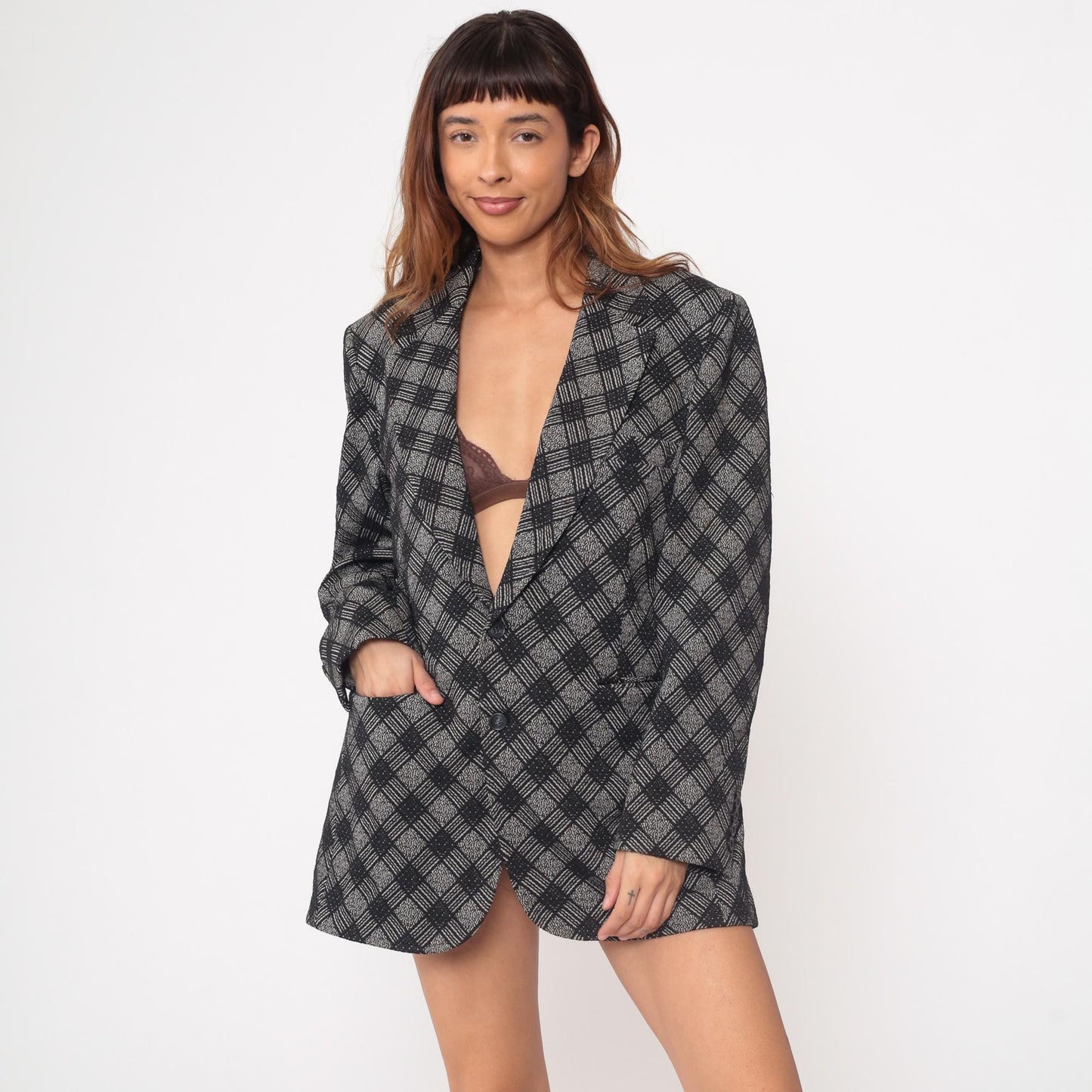 70s Black Gray Diagonal Plaid Blazer Notch Collar Button Front Medium