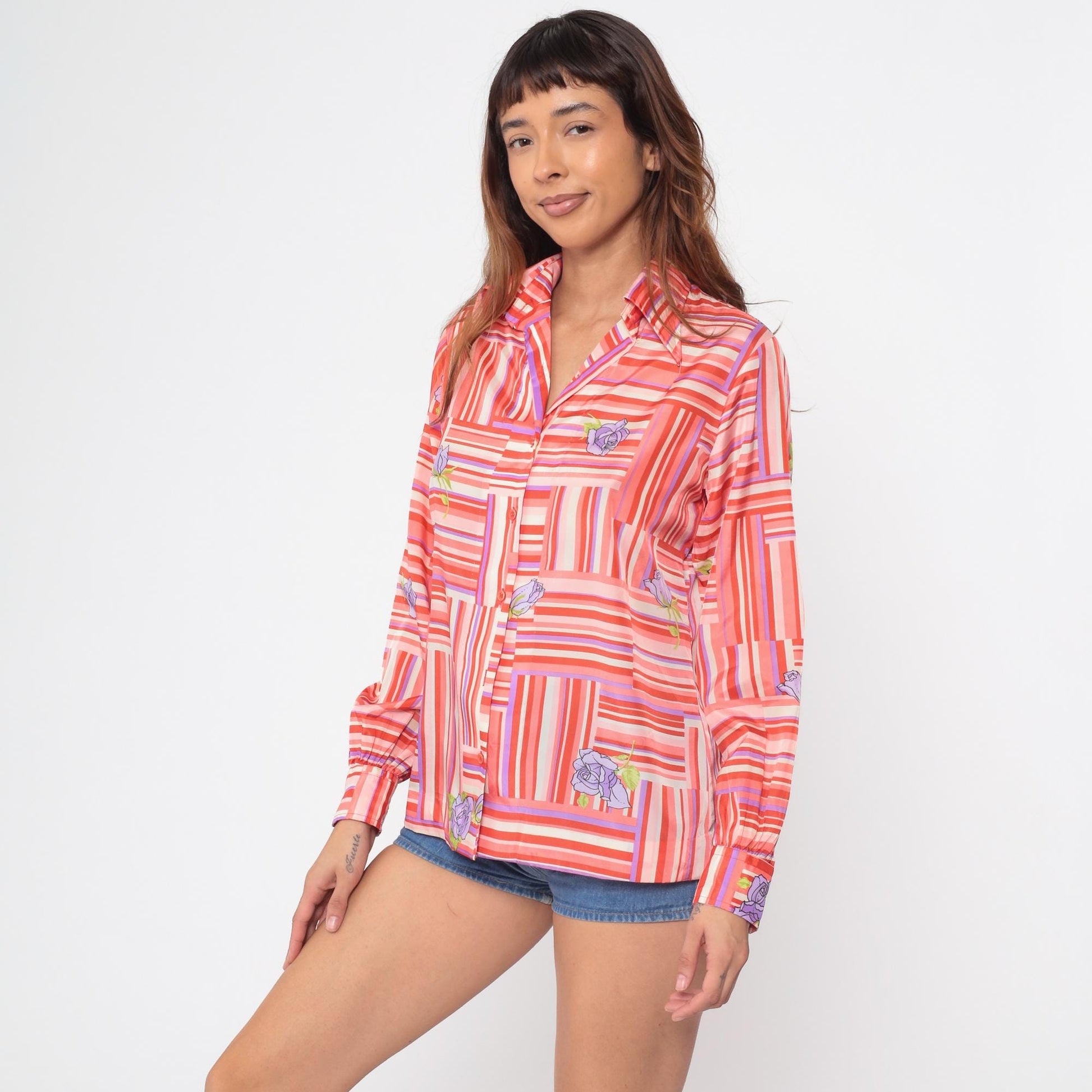 70s Coral Striped Floral Blouse Geometric Patchwork Purple Rose Button Down Large