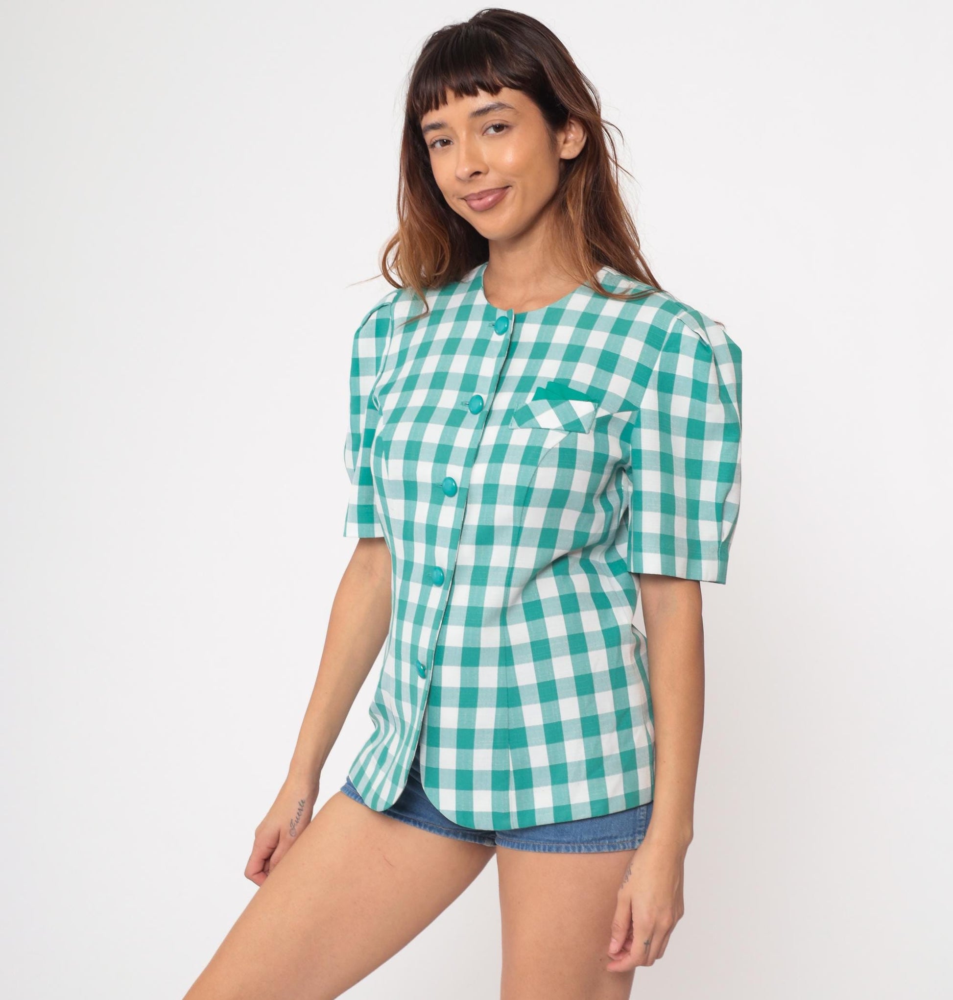 90s Via Sant Andrea Teal Gingham Button Up Blouse Short Puff Sleeve Medium