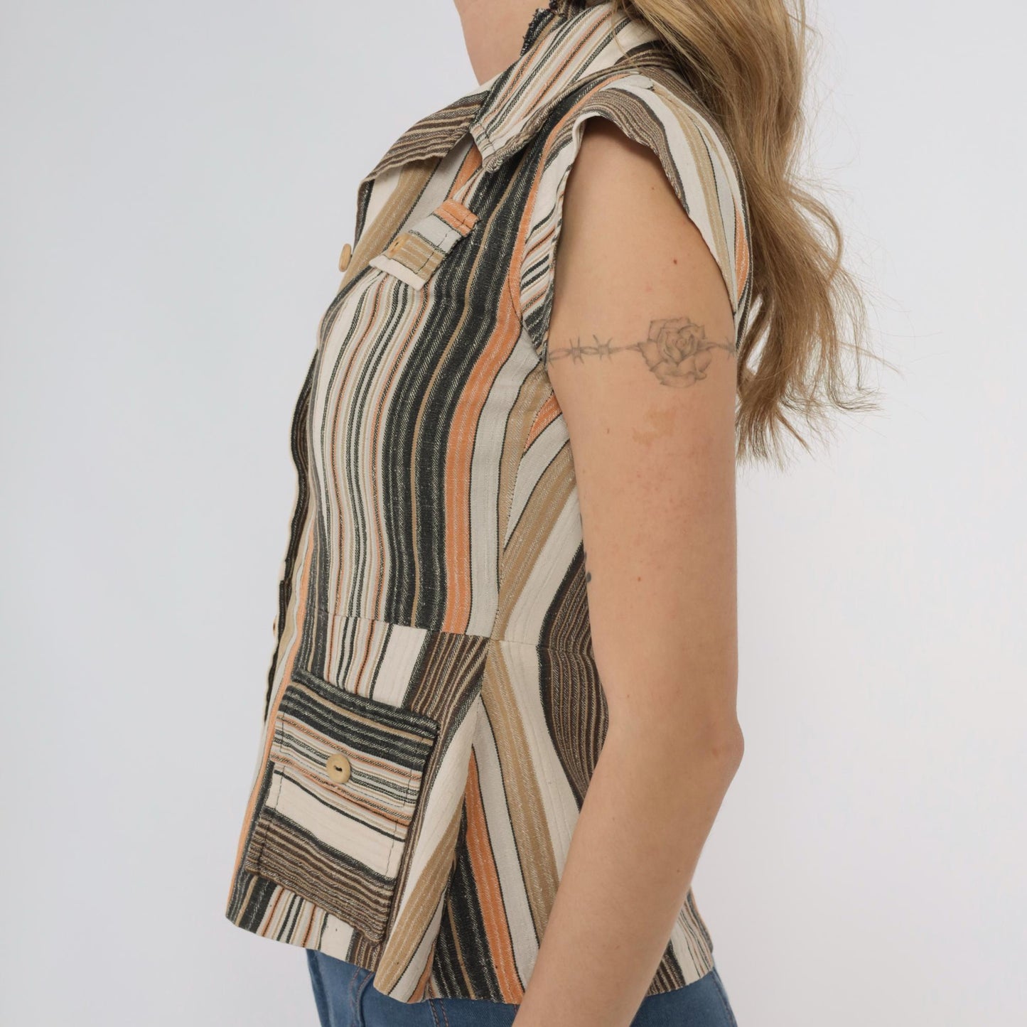 70s Earth Tone Striped Button-Front Blouse Cap Sleeve Pointed Collar XS