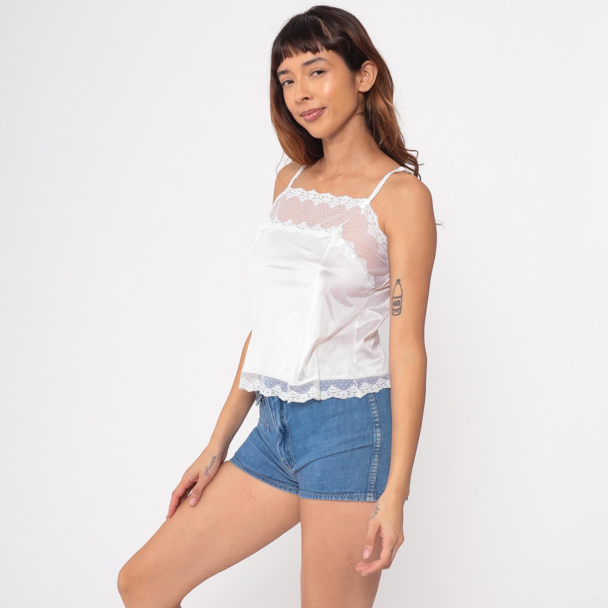 80s White Nylon Camisole Sheer Mesh Floral Lace Trim Tank Small