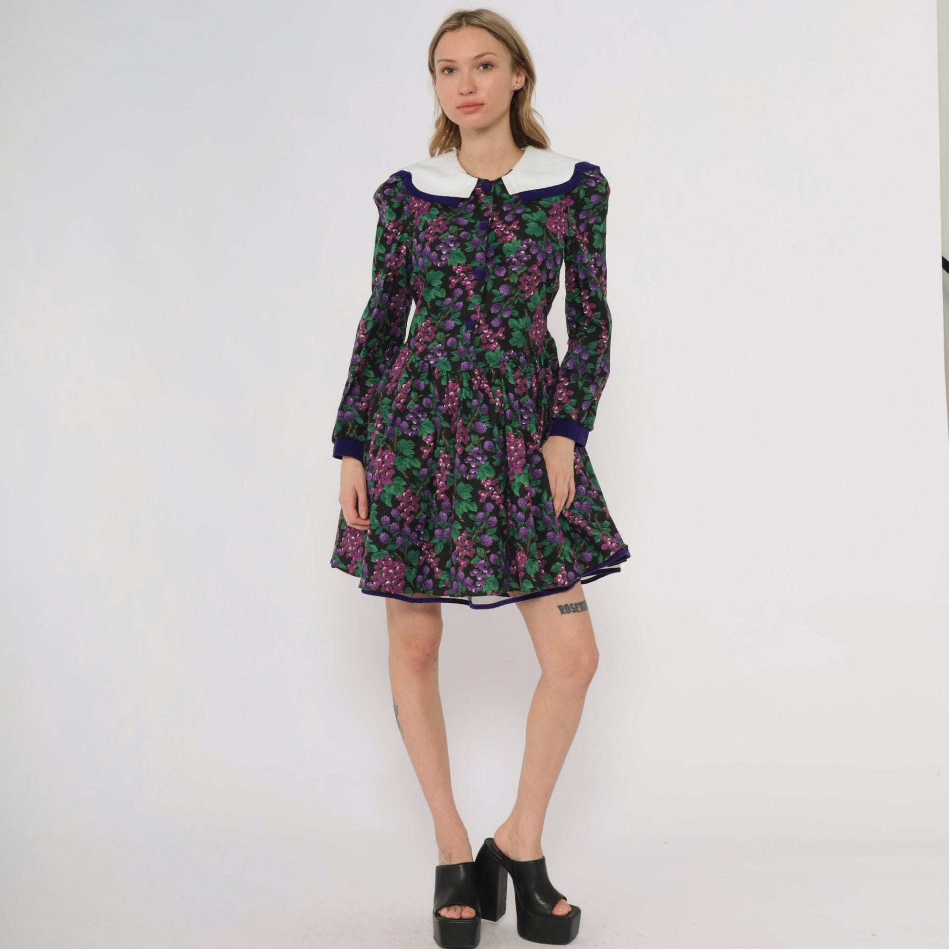 80s Bonnie Jean Purple Grape Print Dress Peter Pan Collar Extra Small XS