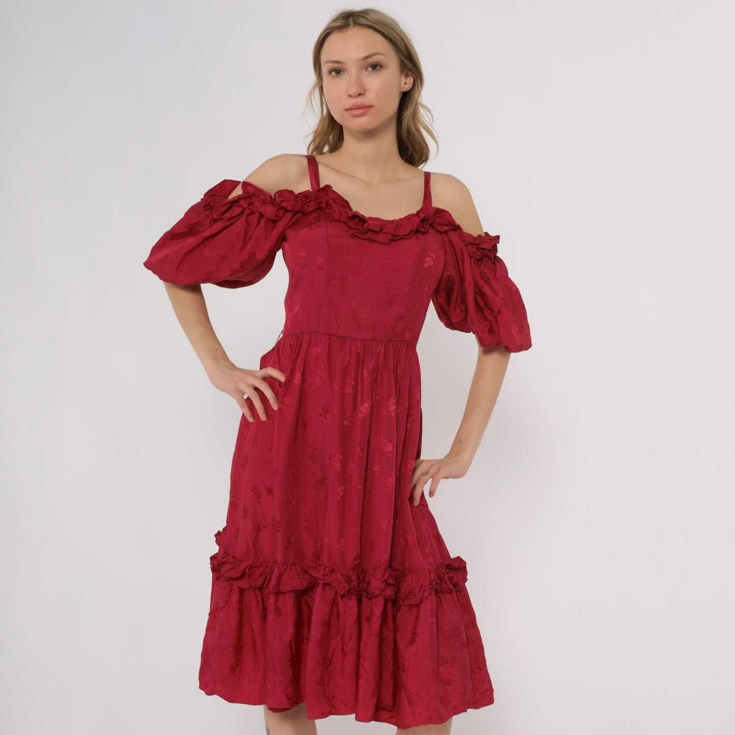 80s Burgundy Off-Shoulder Midi Dress Puff Sleeve Tiered Ruffle Small