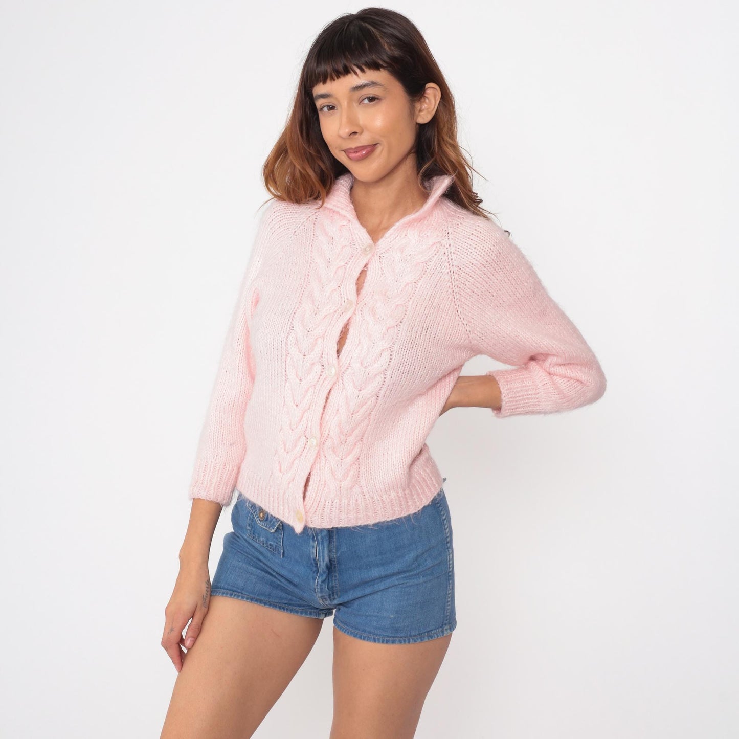 80s Pink Cable Knit Cardigan Cropped Three-Quarter Sleeve Small