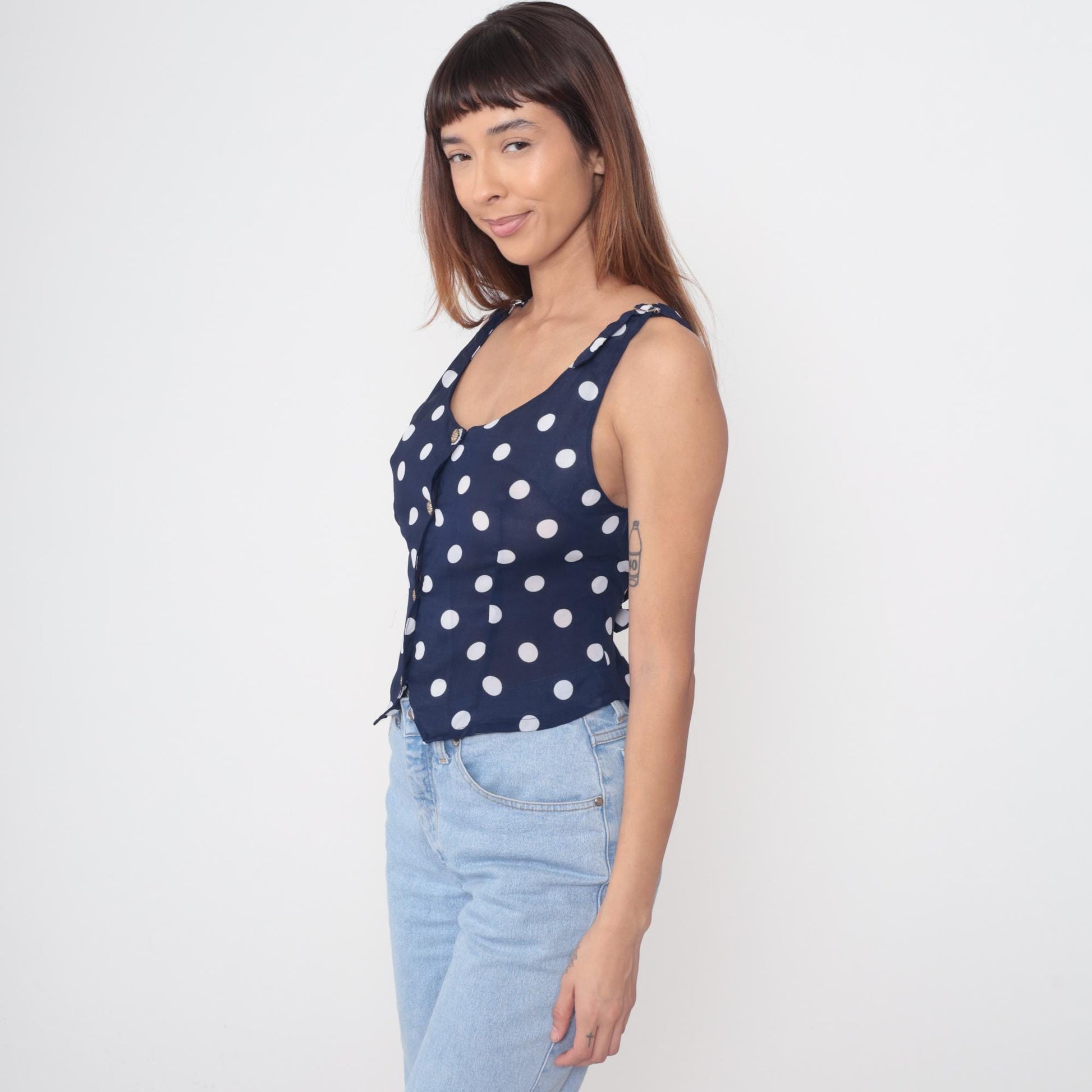 90s Navy Polka Dot Vest Top White Dots Button Front Cropped XS