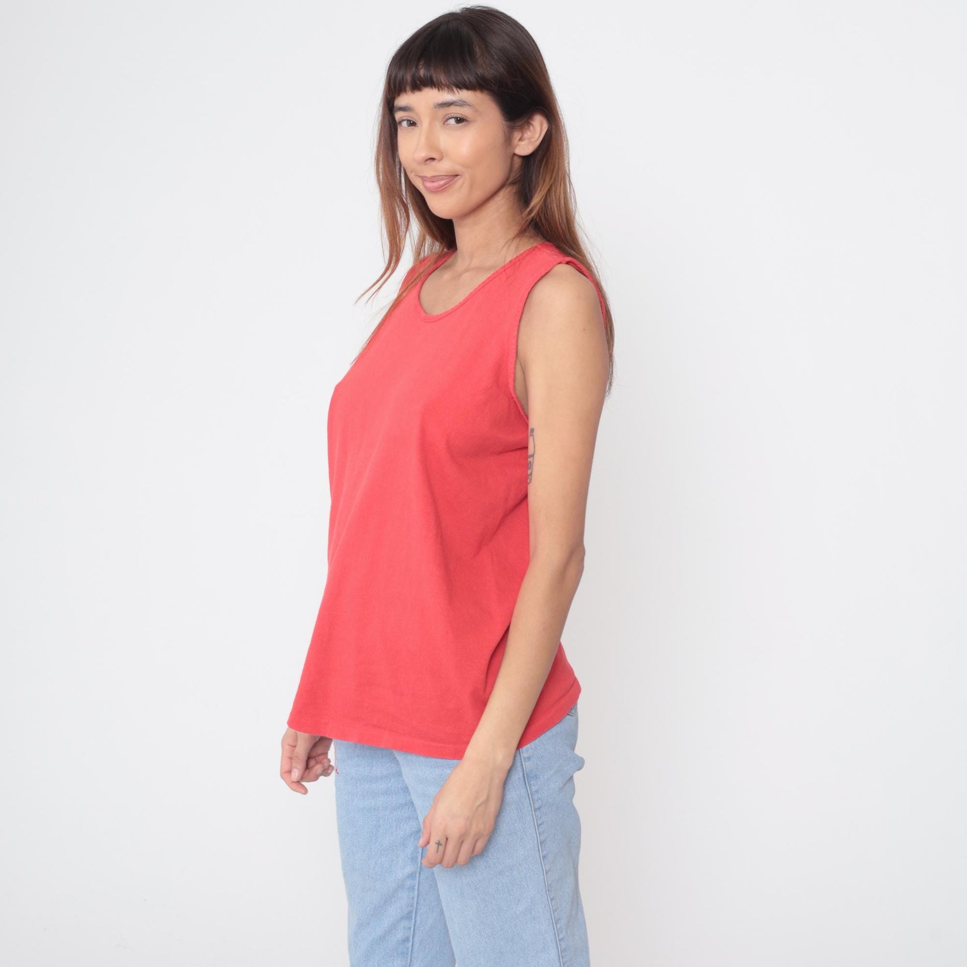 90s Coral Tank Top Scoop Neck Sleeveless Cotton Blend Medium M
