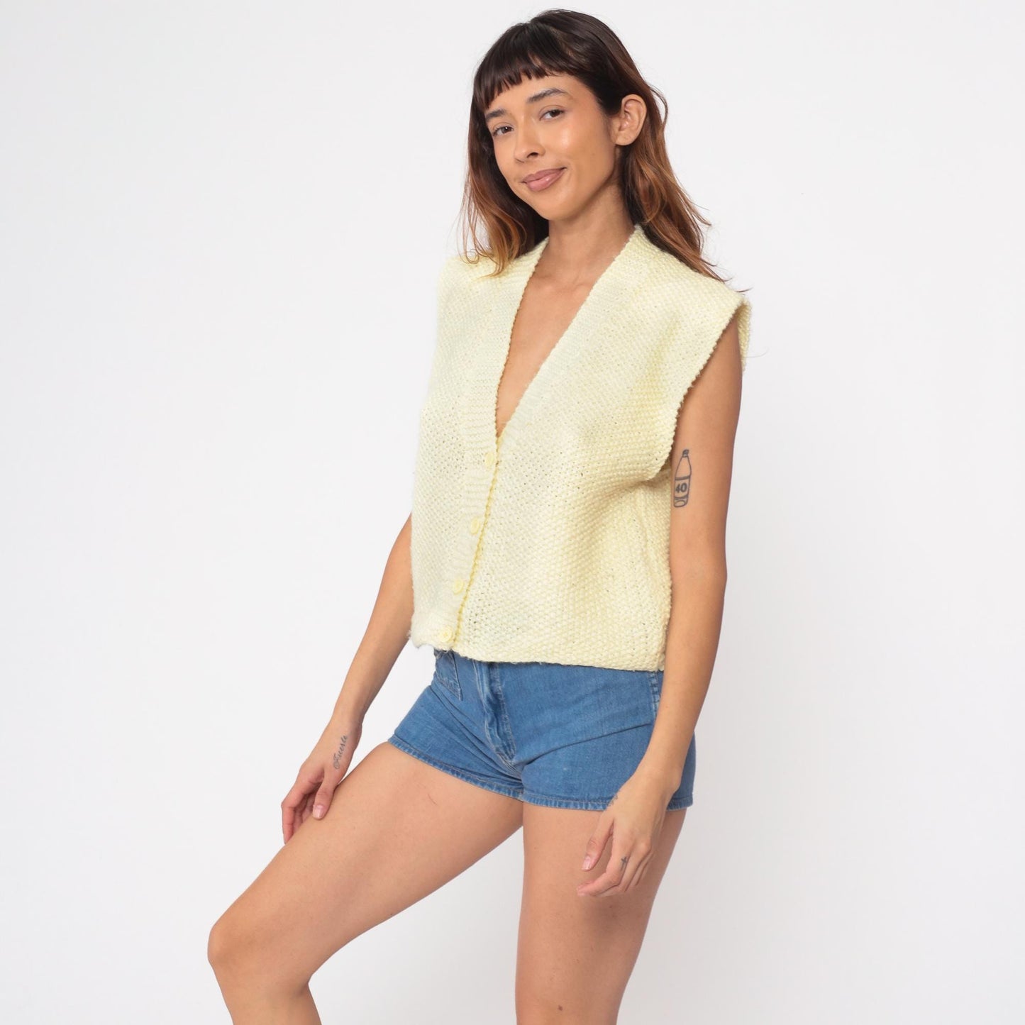 80s Yellow Sweater Vest Button-Up Deep V-Neck Sleeveless Knit Small