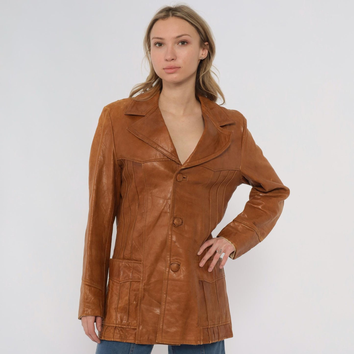 70s Roberts Fine Leather Brown Blazer Button Front Distressed Medium