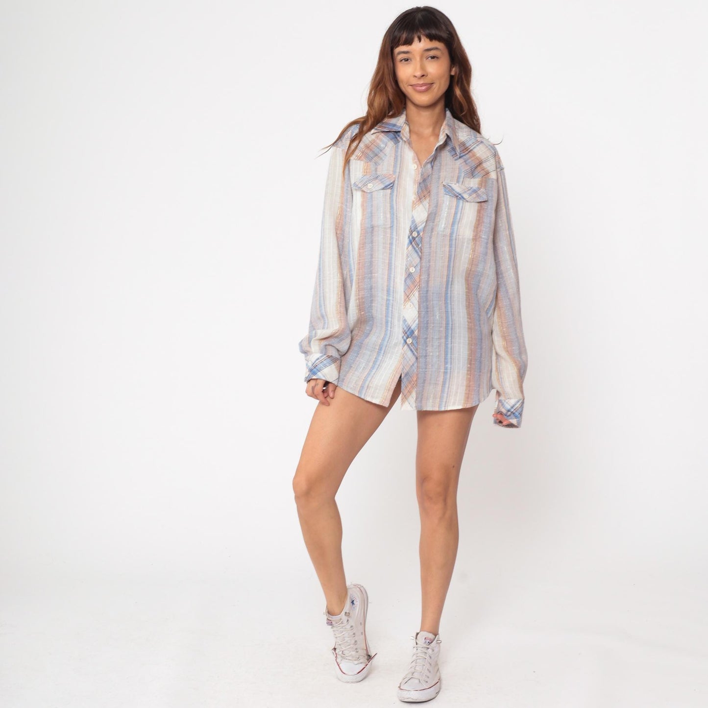 70s Kennington Western Shirt Pearl Snap Plaid Blue Peach Cotton Extra Large XL