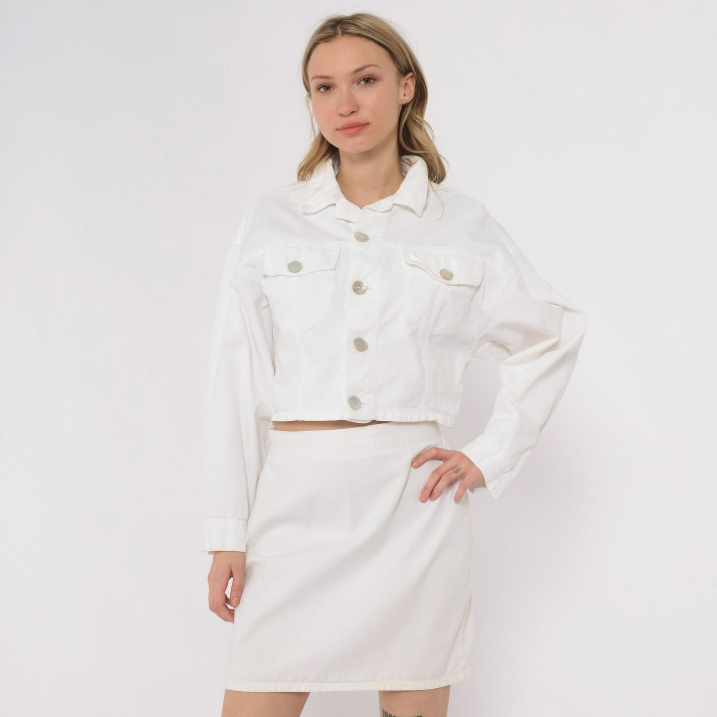 90s Bongo White Denim Crop Jacket Button Up Collar Medium M