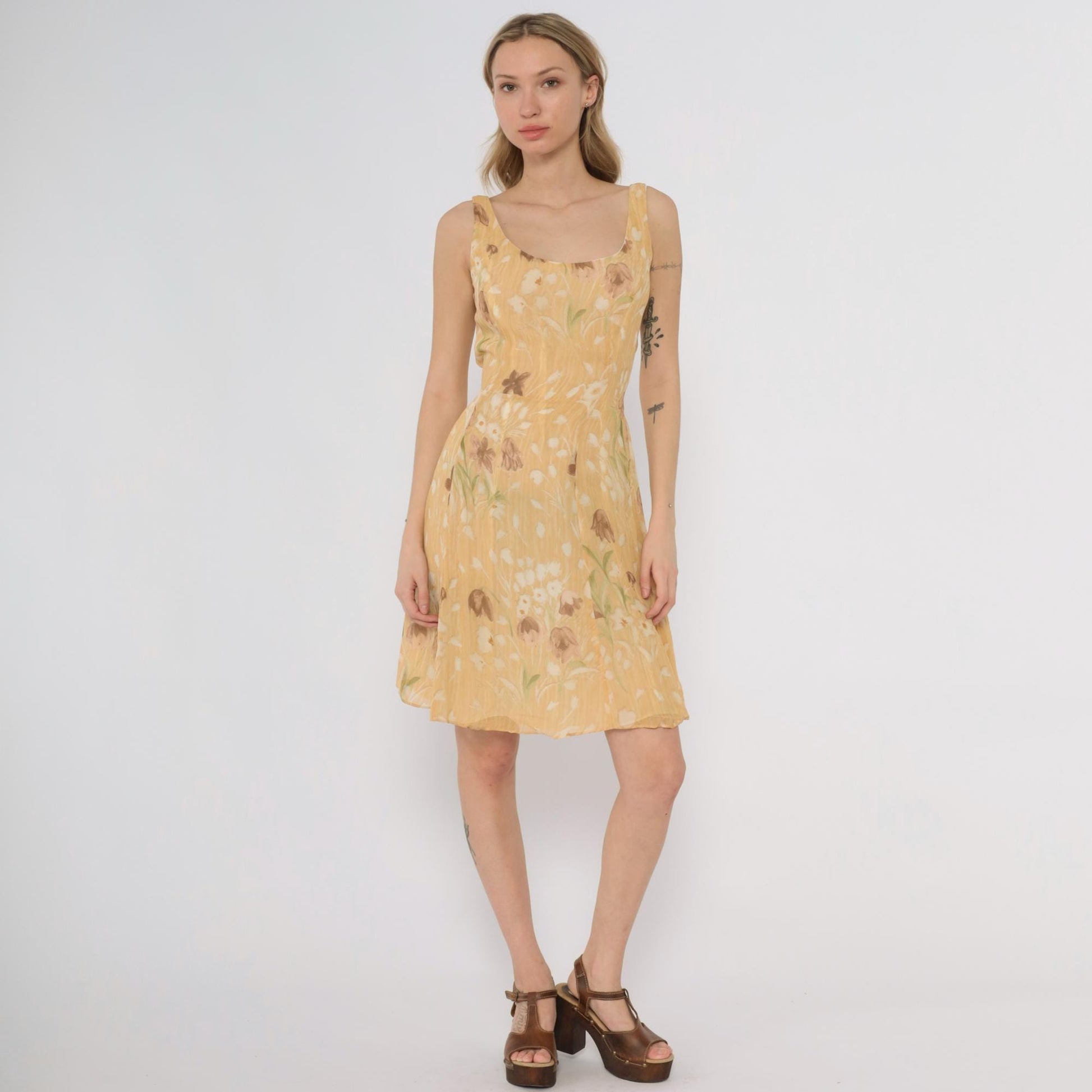 90s Barami Silk Floral Sundress Yellow Daisy Mini Tank Scoop Neck Extra Small