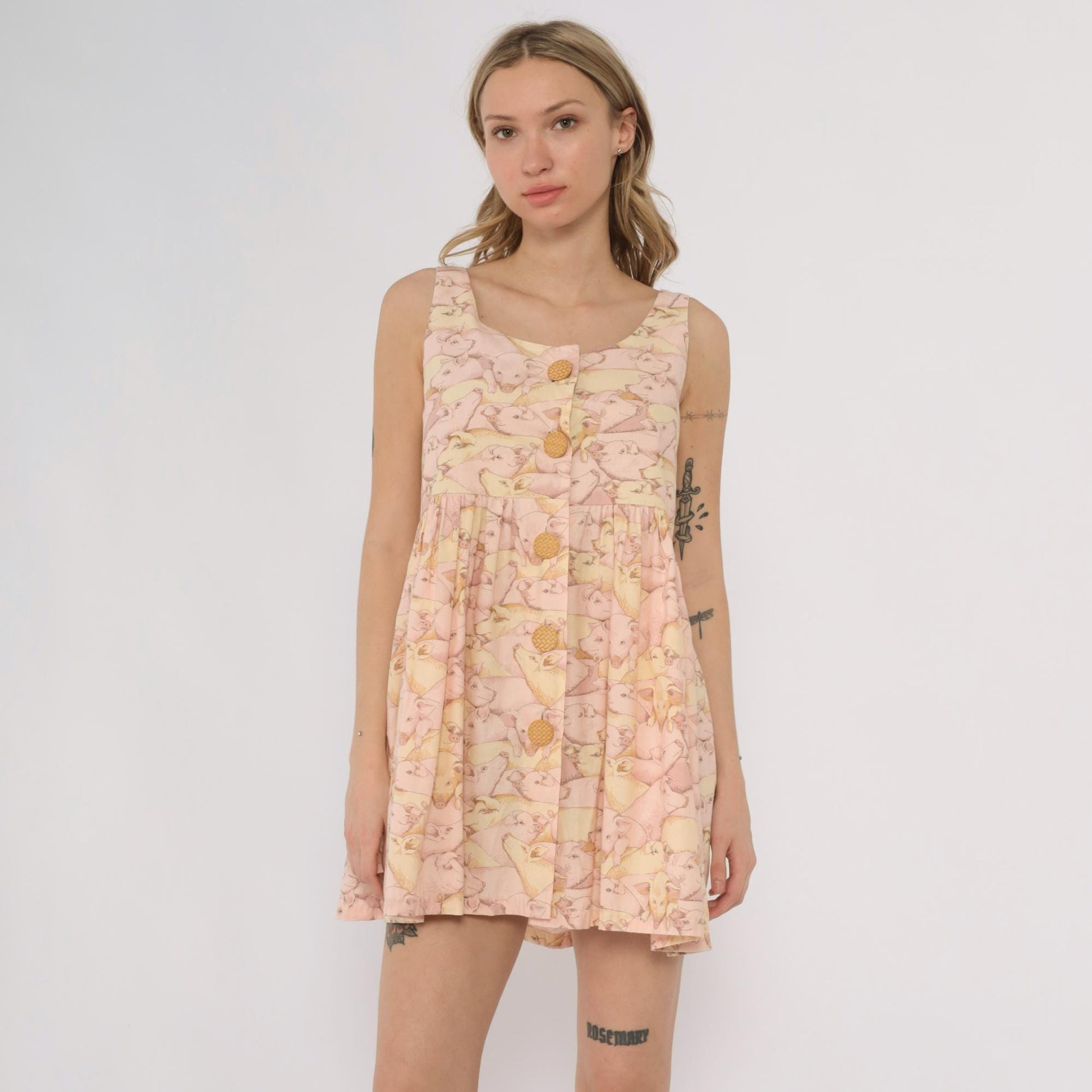 80s Pig Print Mini Dress Pink Yellow Empire Waist Button Front Small