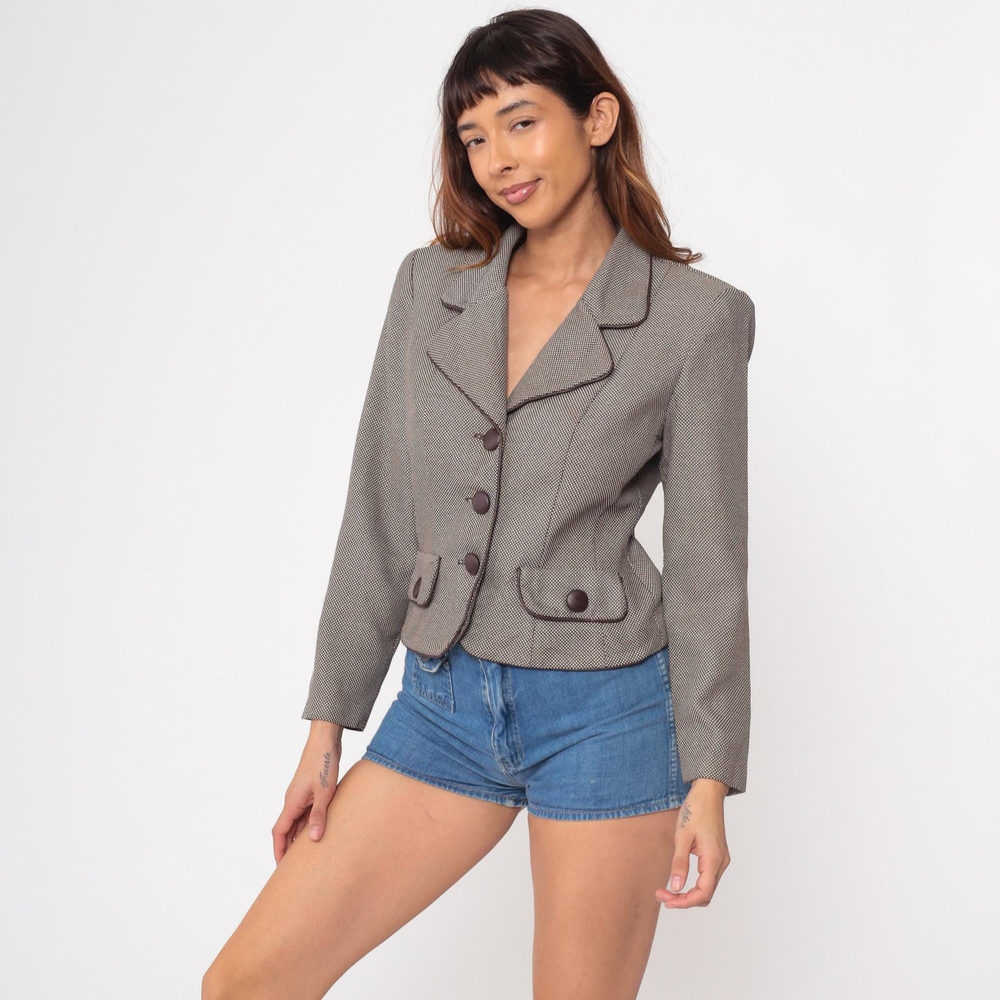 80s Dani Max Petite Cropped Blazer Taupe Brown Micro Check Small S