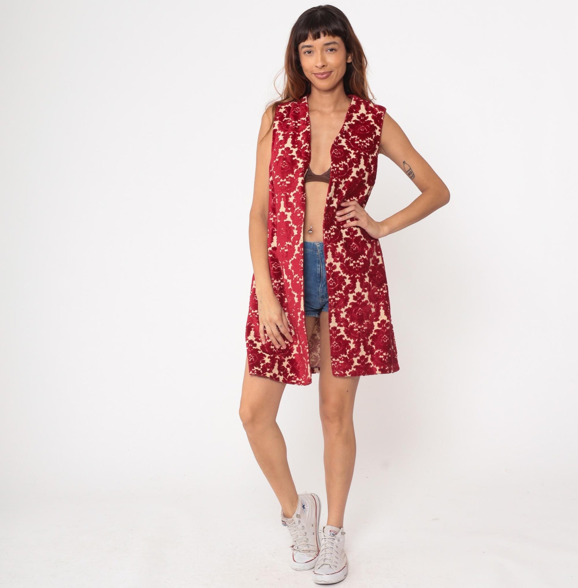 1970s VIP Red Velvet Floral Vest Sleeveless Long Open Front Small Medium