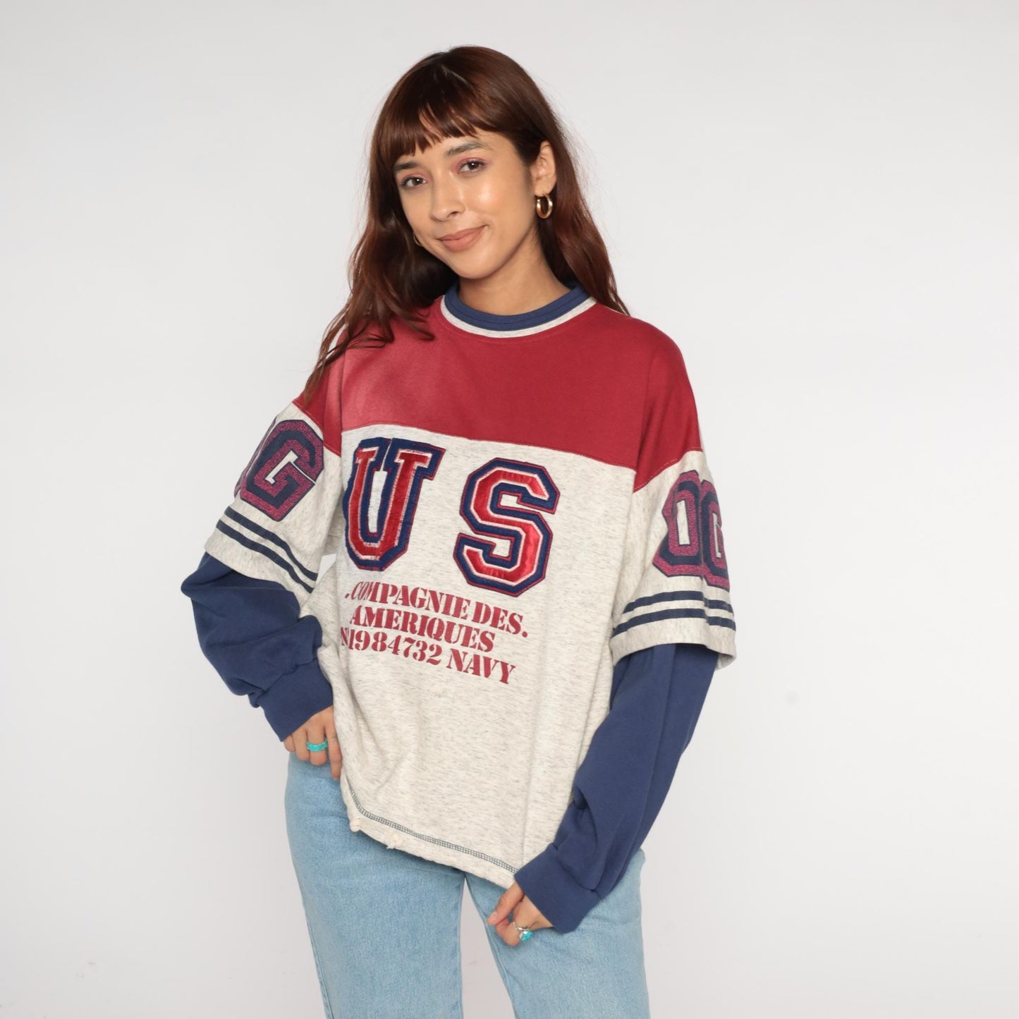 90s Compagnie Des Ameriques Color Block Sweatshirt Red White Navy Large L