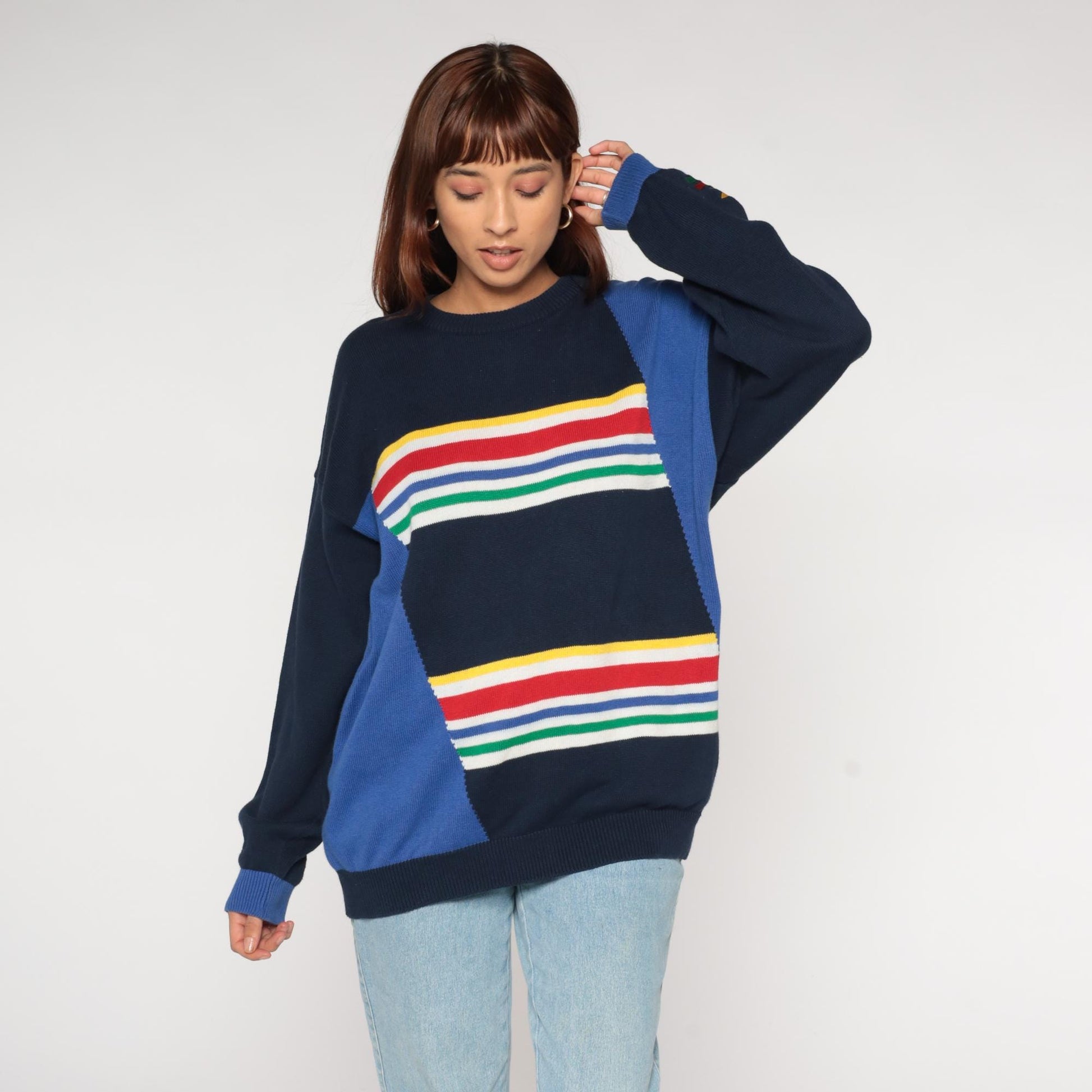 80s Navy Rainbow Stripe Knit Sweater Star Embroidered Colorblock Large