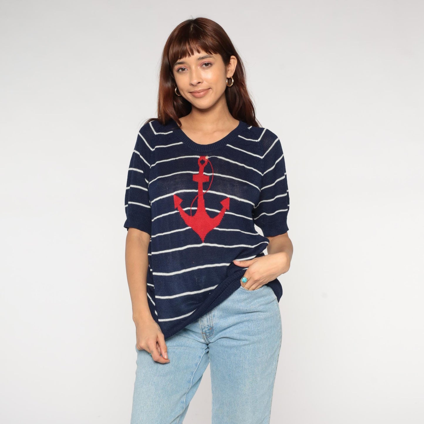 80s Nautical Anchor Sweater Navy White Striped Red Short Sleeve Medium