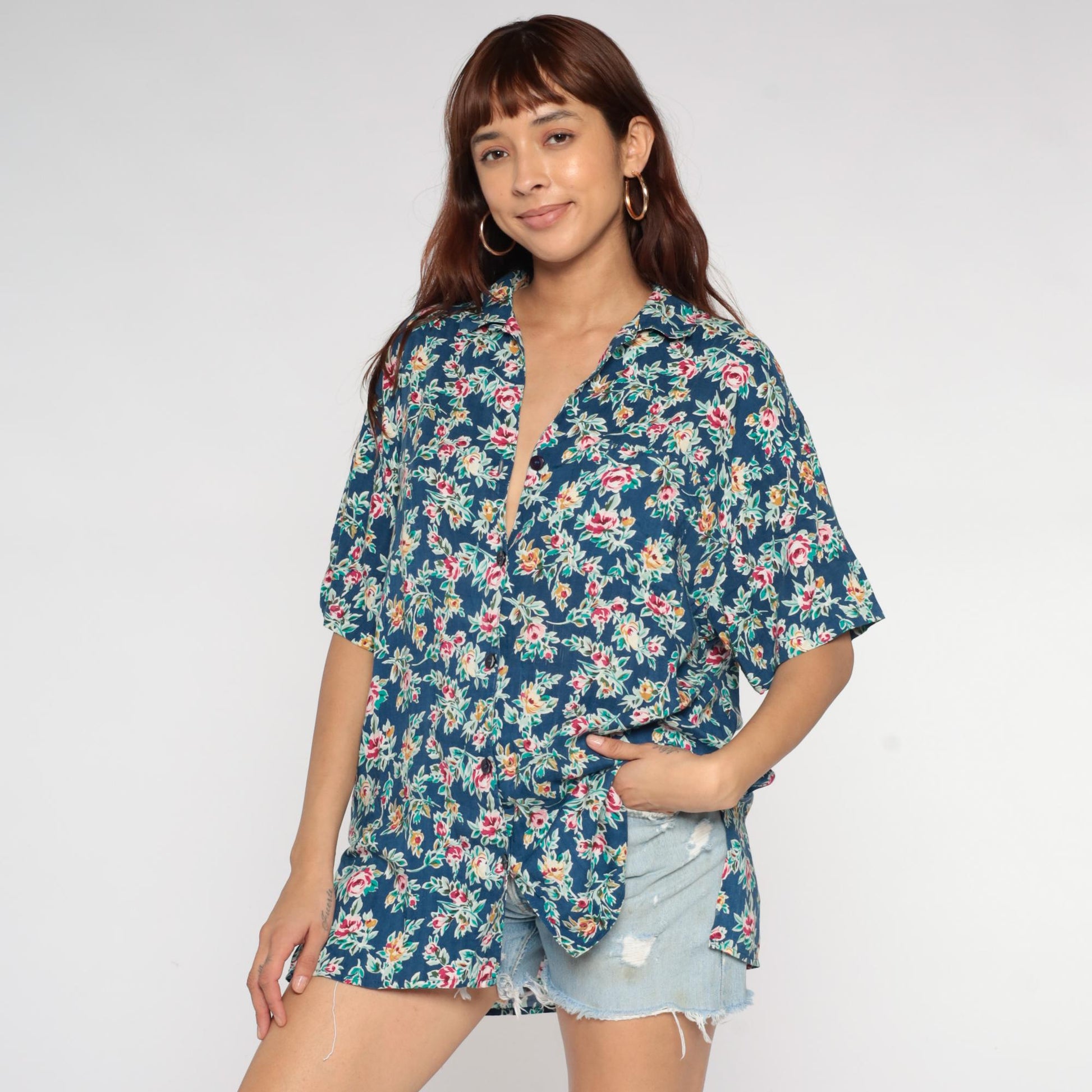 90s Partners Floral Button-Up Shirt Navy Rayon Pink Yellow Green Large L