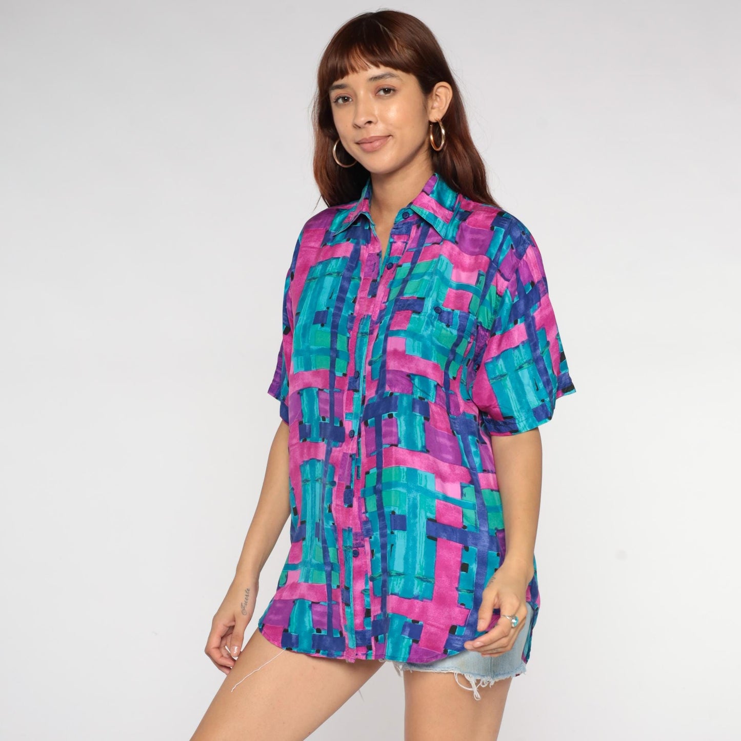90s Silk Button Up Shirt Abstract Brushstroke Print Turquoise Pink Purple Small