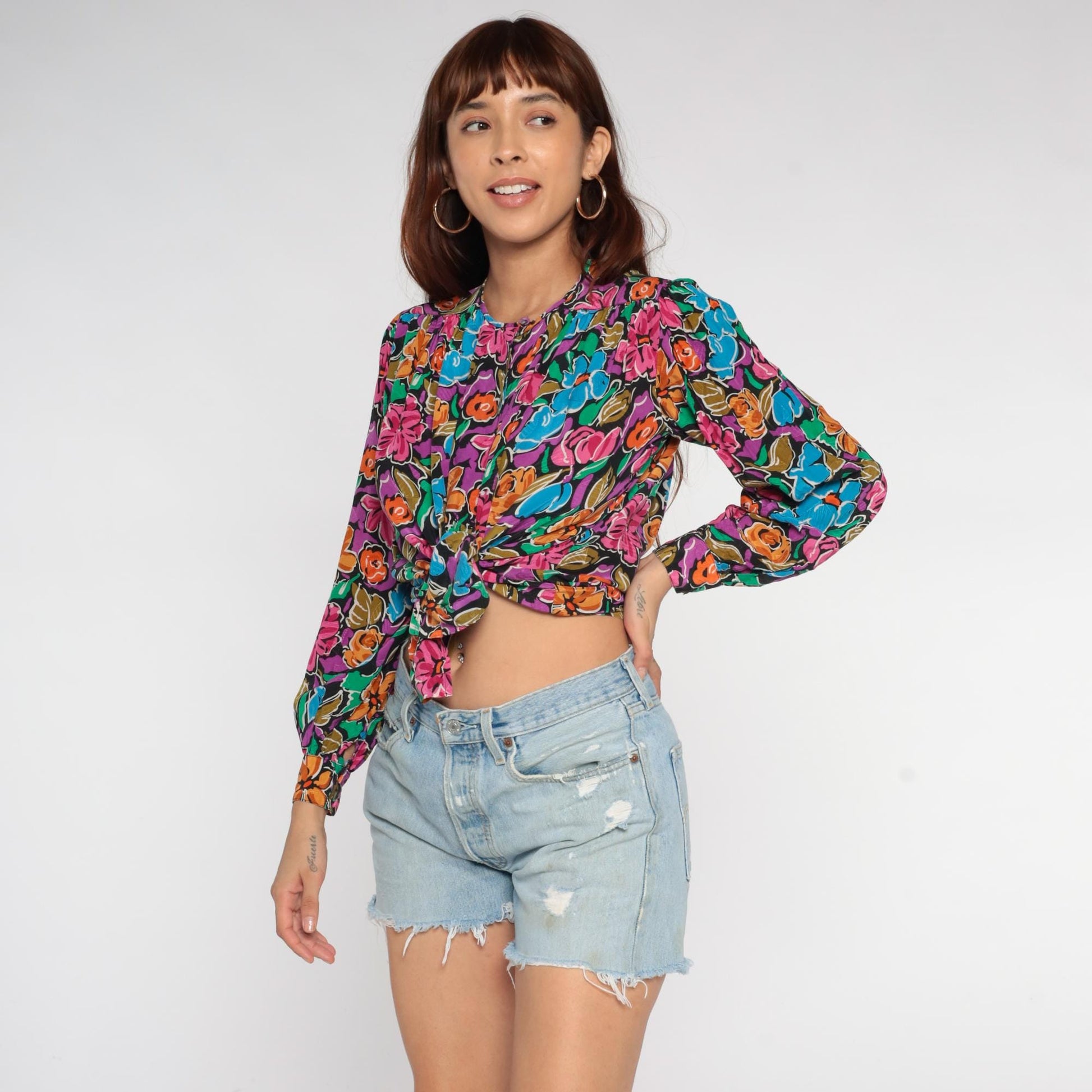 90s Silk Floral Blouse Jewel Neckline Long Sleeve Multicolor Small S