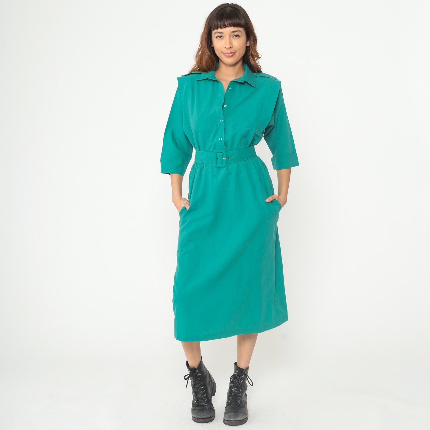 80s Teal Shirt Dress Button Front Belted Midi Structured Collar Medium