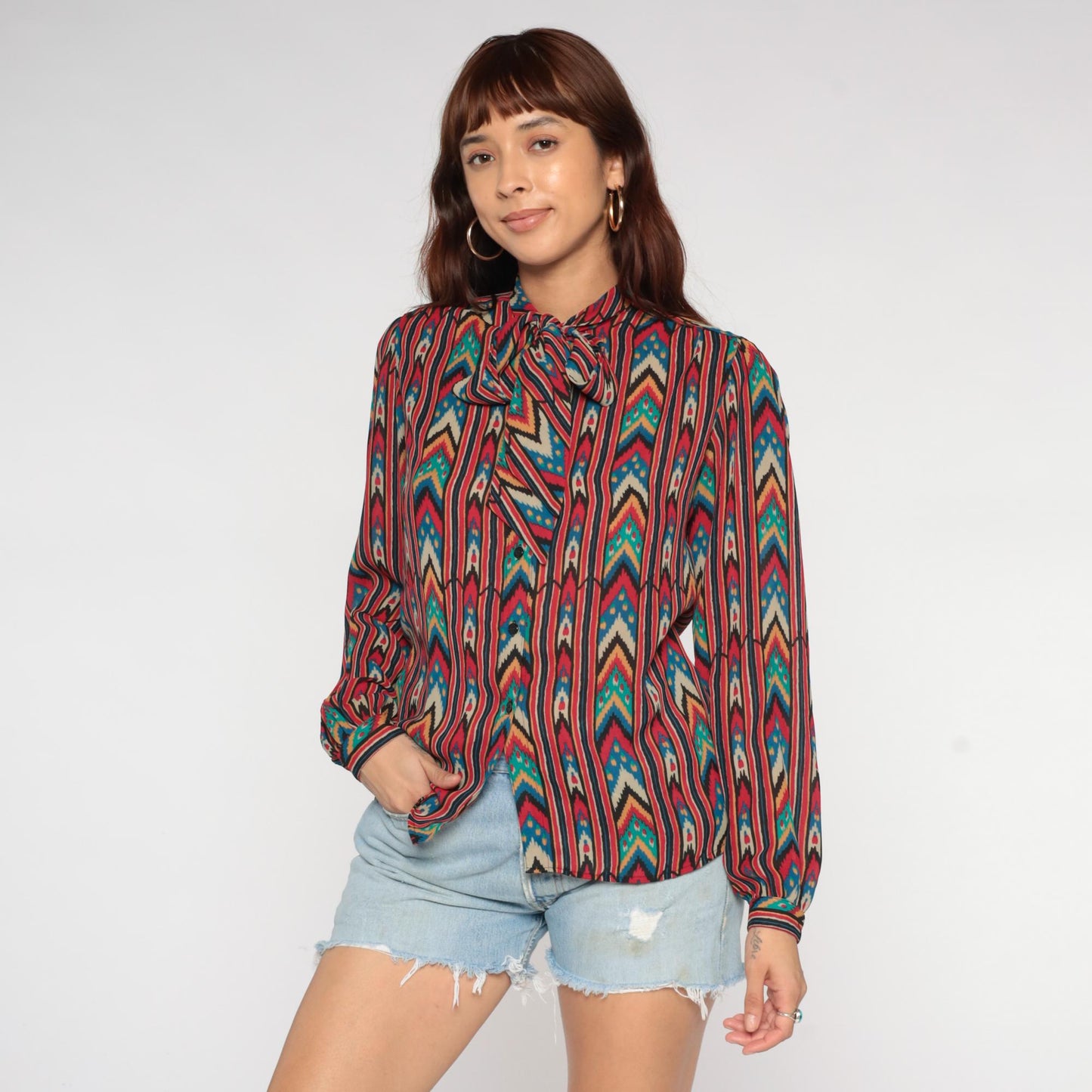 90s Regina Porter Geometric Chevron Blouse Neck Tie Multicolor Medium