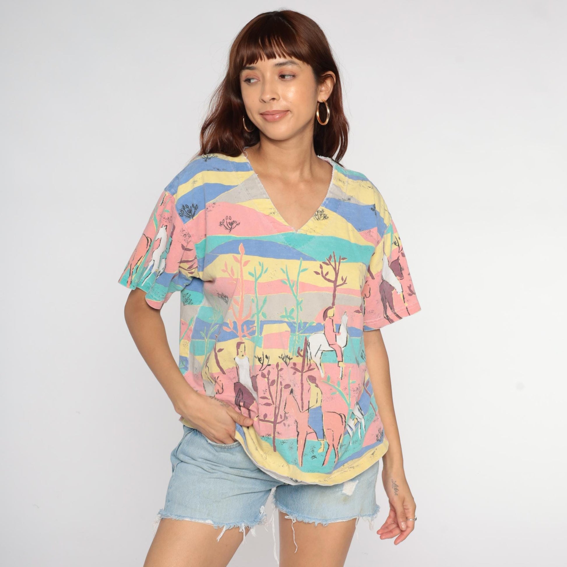 90s Pastel Horse Landscape Graphic V-Neck Tee Cotton Pink Blue Medium