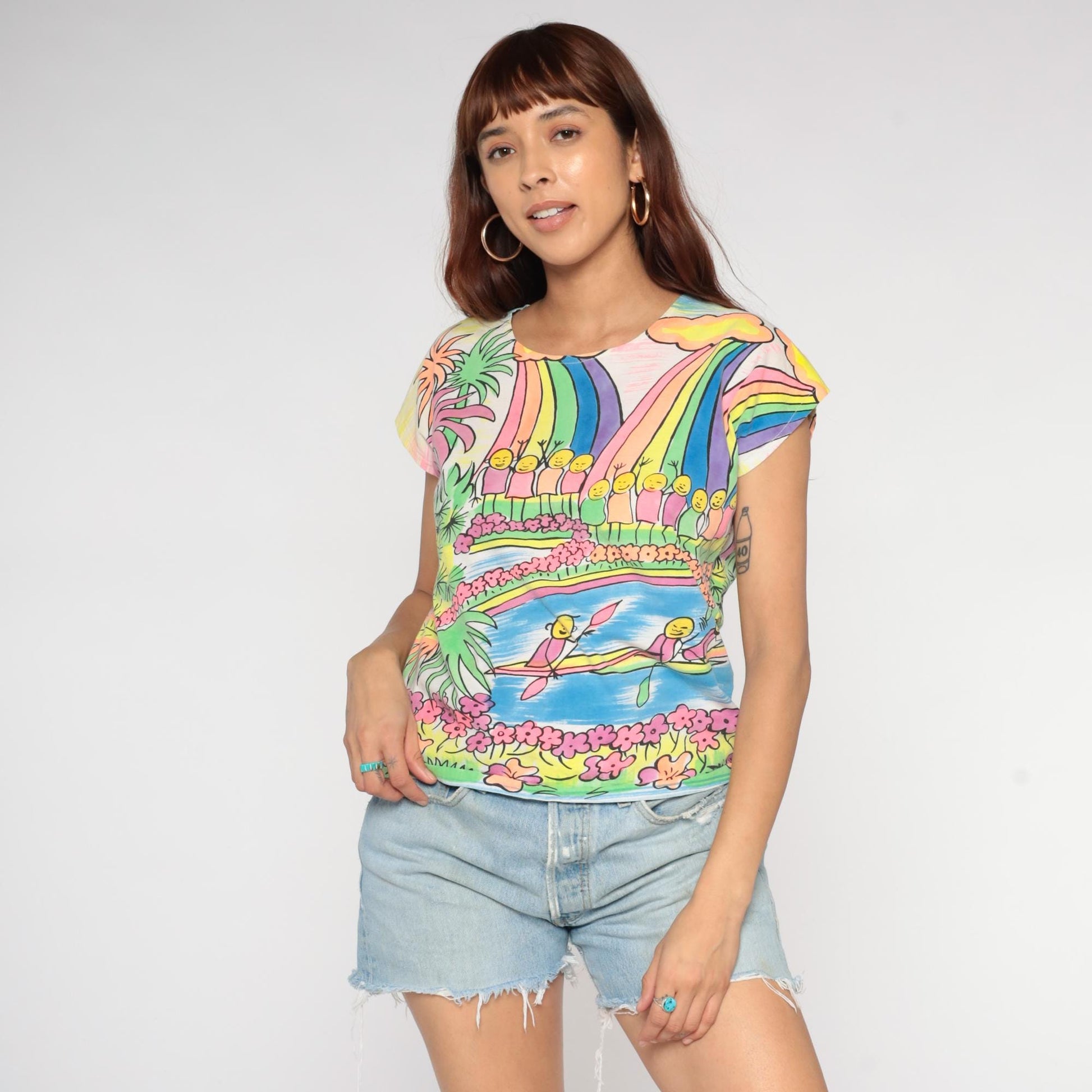90s Rainbow Tropical Waterfall T-Shirt Cotton Graphic Tee Medium M