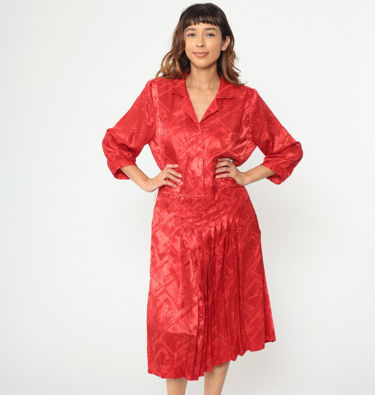 80s Red Midi Dress Button Front Pleated Jacquard Geometric Collar Medium